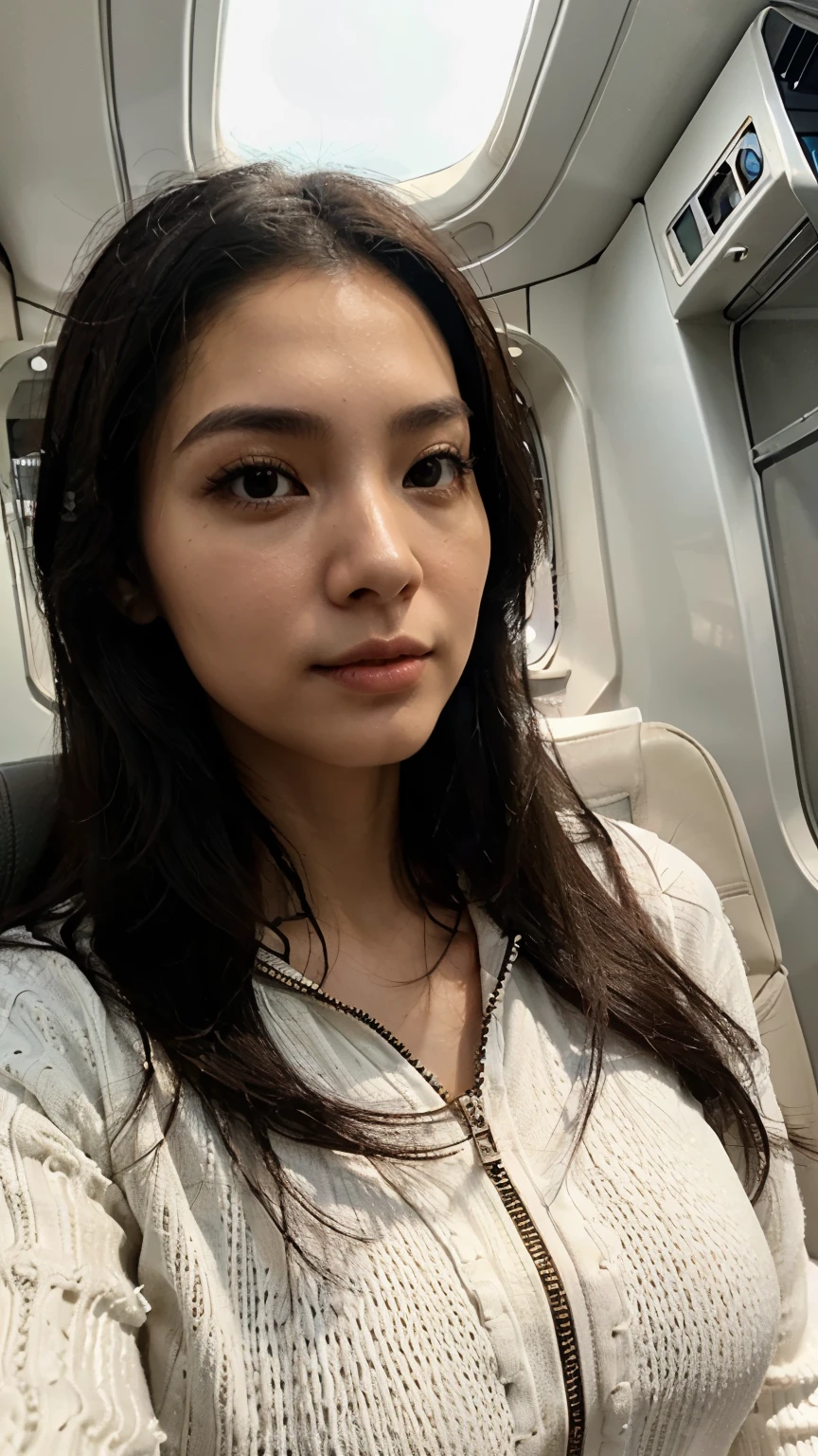 30 years old beautiful Hong Kong woman in aeroplane, black long hair, closeup selfie, hyper realistic, white zipper jumper unzipped , beautiful face, bend forward, low cut