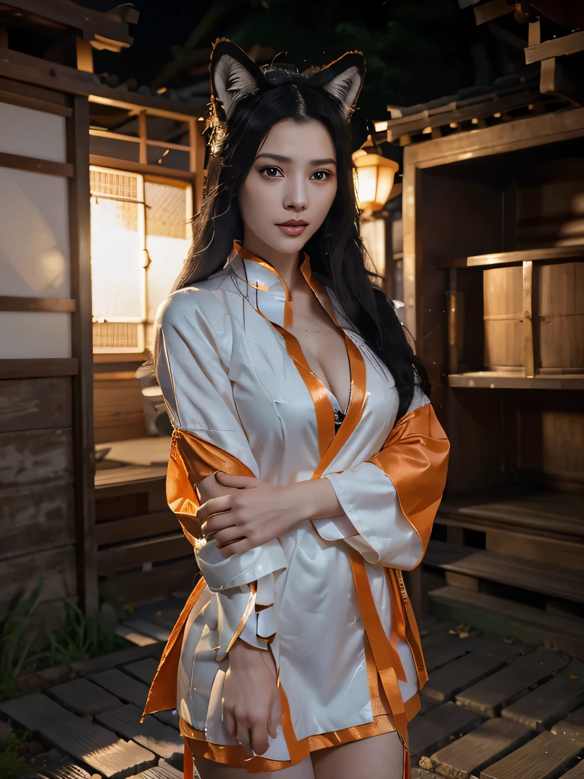 Ultra-realistic capture, Highly detailed, High resolution 16k close-up of human skin, Skin texture must be natural, Detailed enough to finely identify pores, Skin should look healthy, In a uniform tone, Use natural light and color, ahri, ahri_(lize_In the_legends), 1girl in, absurderes, animal_Ears, Black_hair, Detached_sleeves, Distri, facials_marks, Fox_Ears, Fox_tail, hight resolution, lize_In the_legends, long_hair, Snow Suit, Magic, multiple_tailed, white_tailed, orange_Eyes, parted_Lips, Solo, Standing, tail, full_Body, appearance々Take Japan's Yokai with you, The scene of walking along the path of Japan leading to the underworld, ((The Spectacle of the Hundred Demons Night Journey)) sexy