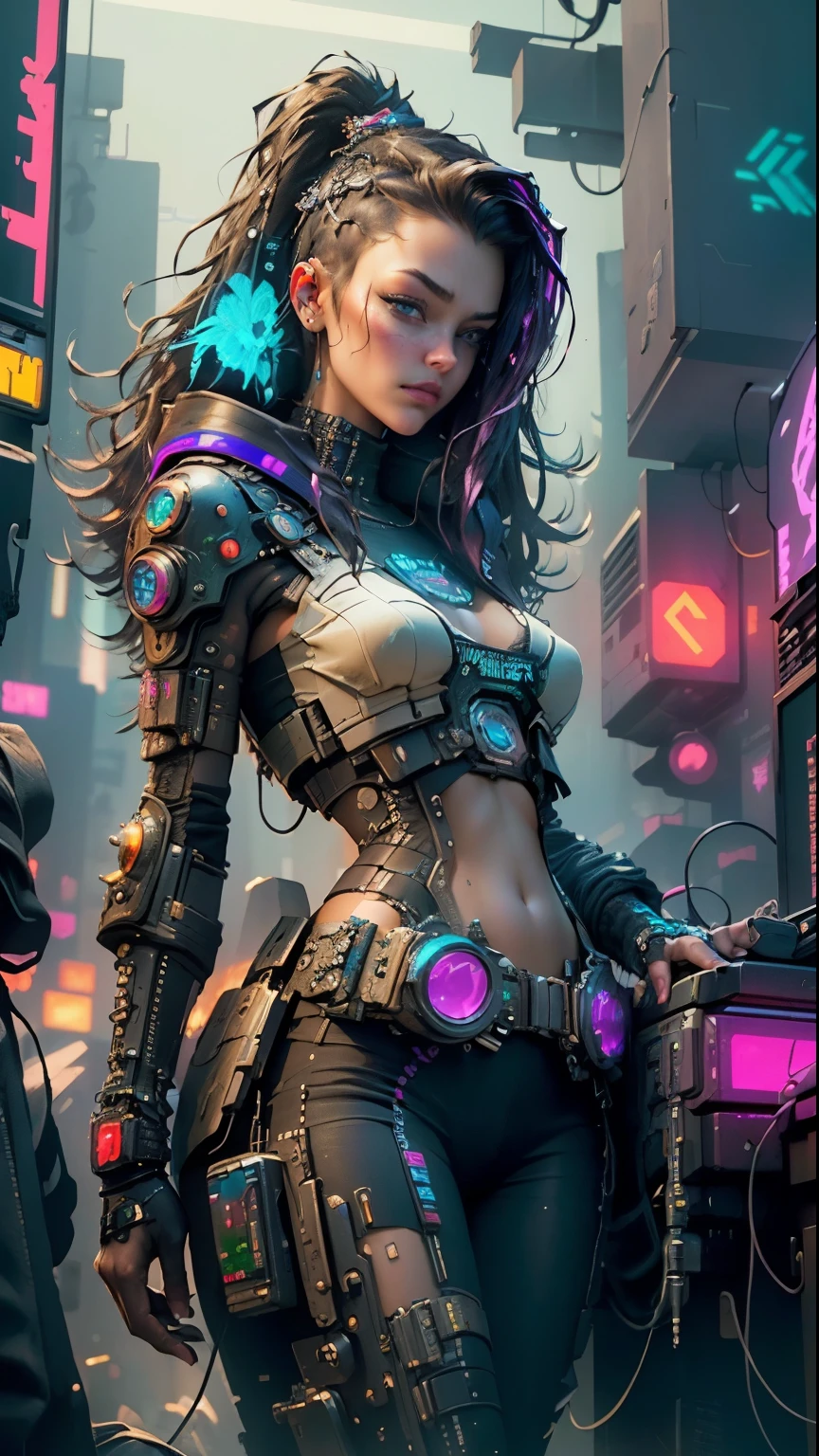 ((Best quality)), ((masterpiece)), (highly detailed:1.3), 3D, beautiful (cyberpunk:1.3) hacker woman with thick voluminous hair operating a computer terminal