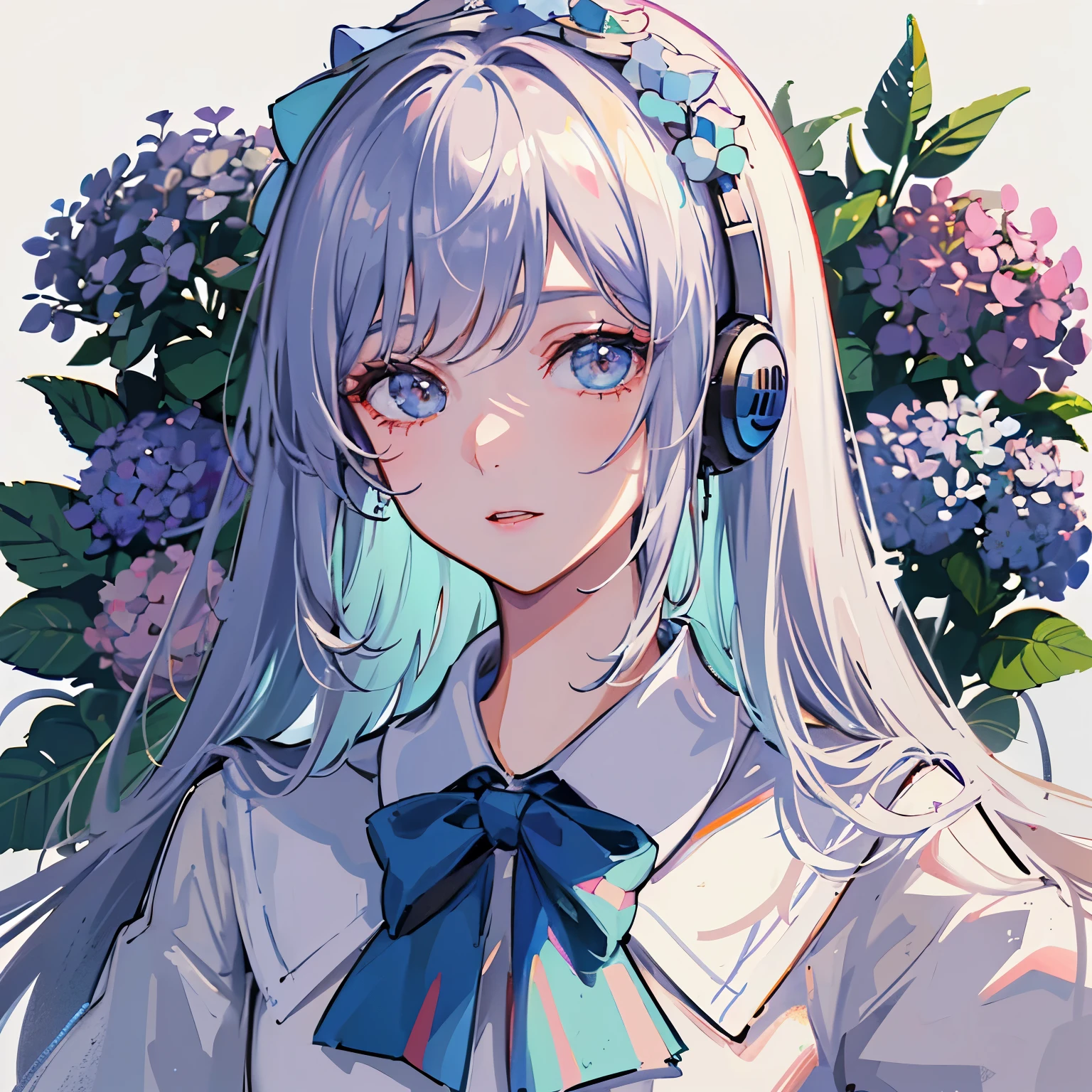 ((highest quality)), ((masterpiece)), (be familiar with), perfect face　[highest quality　masterpiece] sailor suit　Larger sweater　rugged headphones　cyber punk　close up of face　water droplets on face　lots of hydrangeas