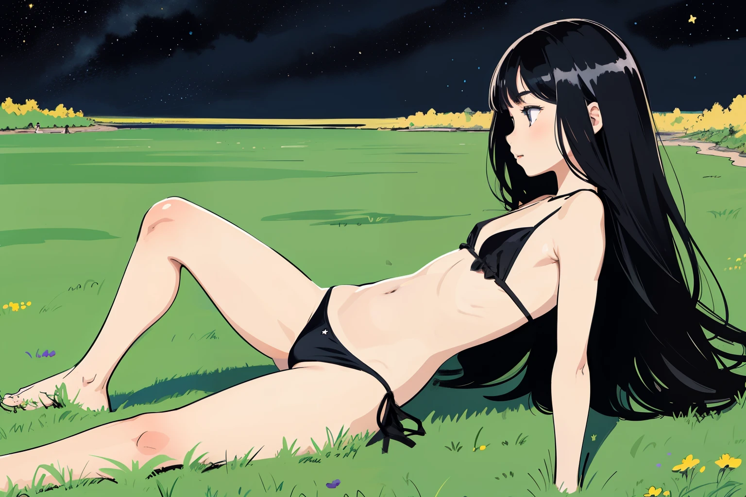 superflat, flat shading, flat colors, masterpiece, best quality, 1girl, little kid, , small breast, black bikini, black bandeau, sitting on grass, long hair, river, grassy hills, (black starry sky:1.2), best shadows, rays of sunlight, watercolor, sketch