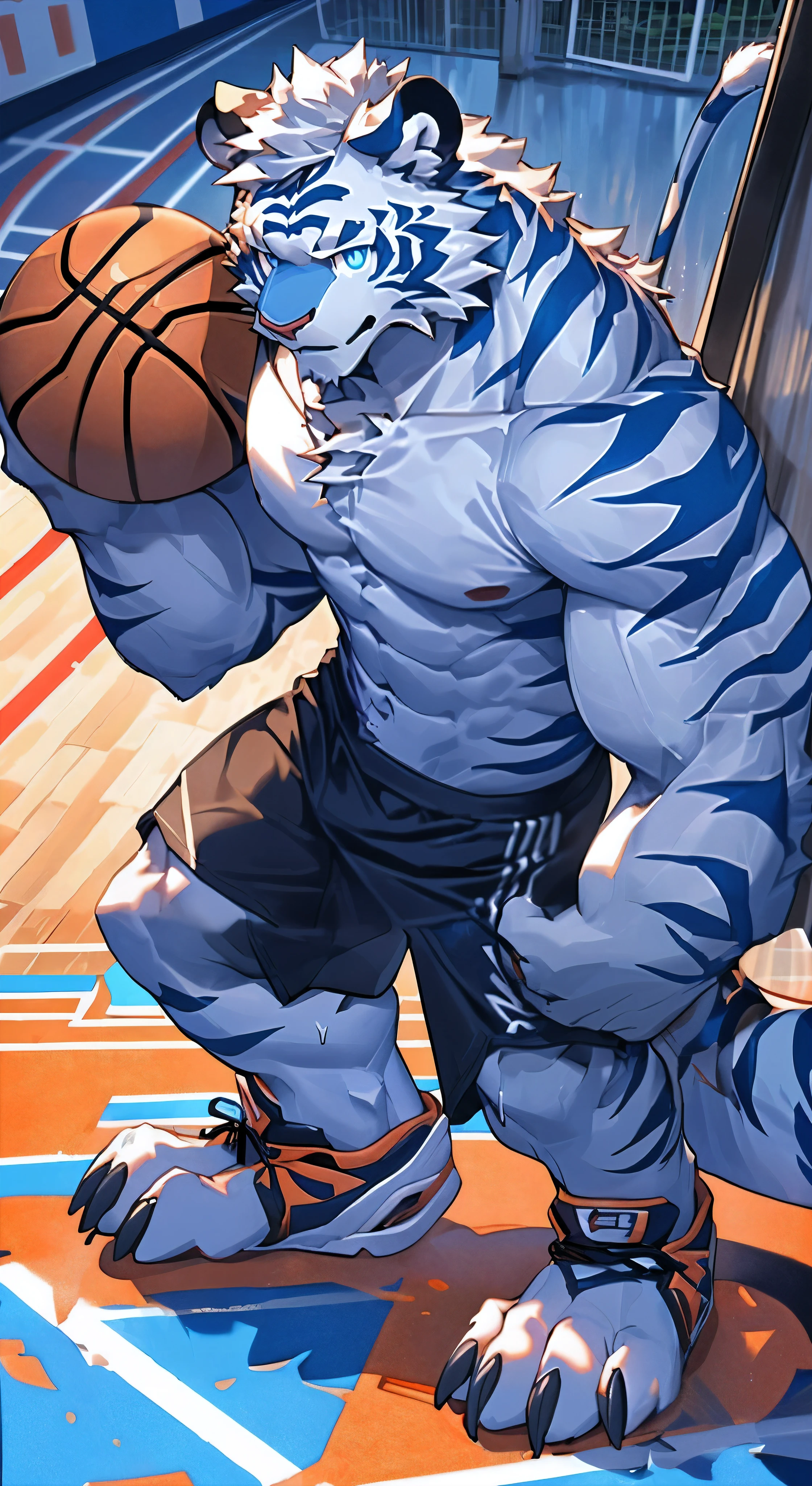 hairy的，hairy，the white tiger，nail，hand，兽foot亚目，tiger feet，虎nail，tiger的hand，tiger&#39;foot，foot，On the basketball court，White tiger，white fur，Black stripes，male，domineering，strong，sweaty，Tempting