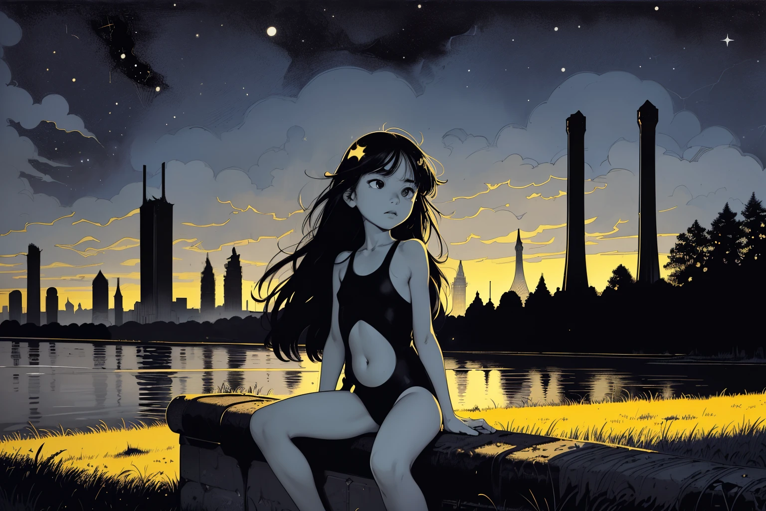 superflat, flat shading, flat colors, masterpiece, best quality, closeup, 1girl, little kid, 10yo, small breast, black hair, black swimsuit, sitting on grass, long hair, river, grassy hills, (black starry sky:1.2, industrial ruins and towers in background, best shadows, rays of sunlight, sketch