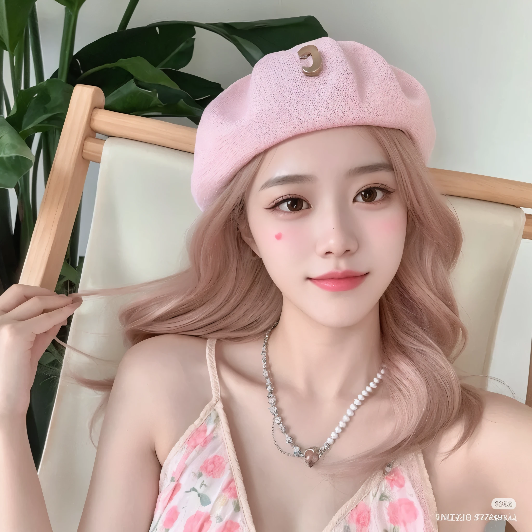 a close-up of a woman wearing a pink hat and dress, Ulzzang, wearing a choker and a cute hat, Bela Delfina, dilraba dilmurat, tzuyu de duas vezes, tom de pele rosa pastel, pastel rosa, with hat, usando uma boina francesa, Sha Xi, wearing a cute hat, (cores rosa), Jisoo do Blackpink