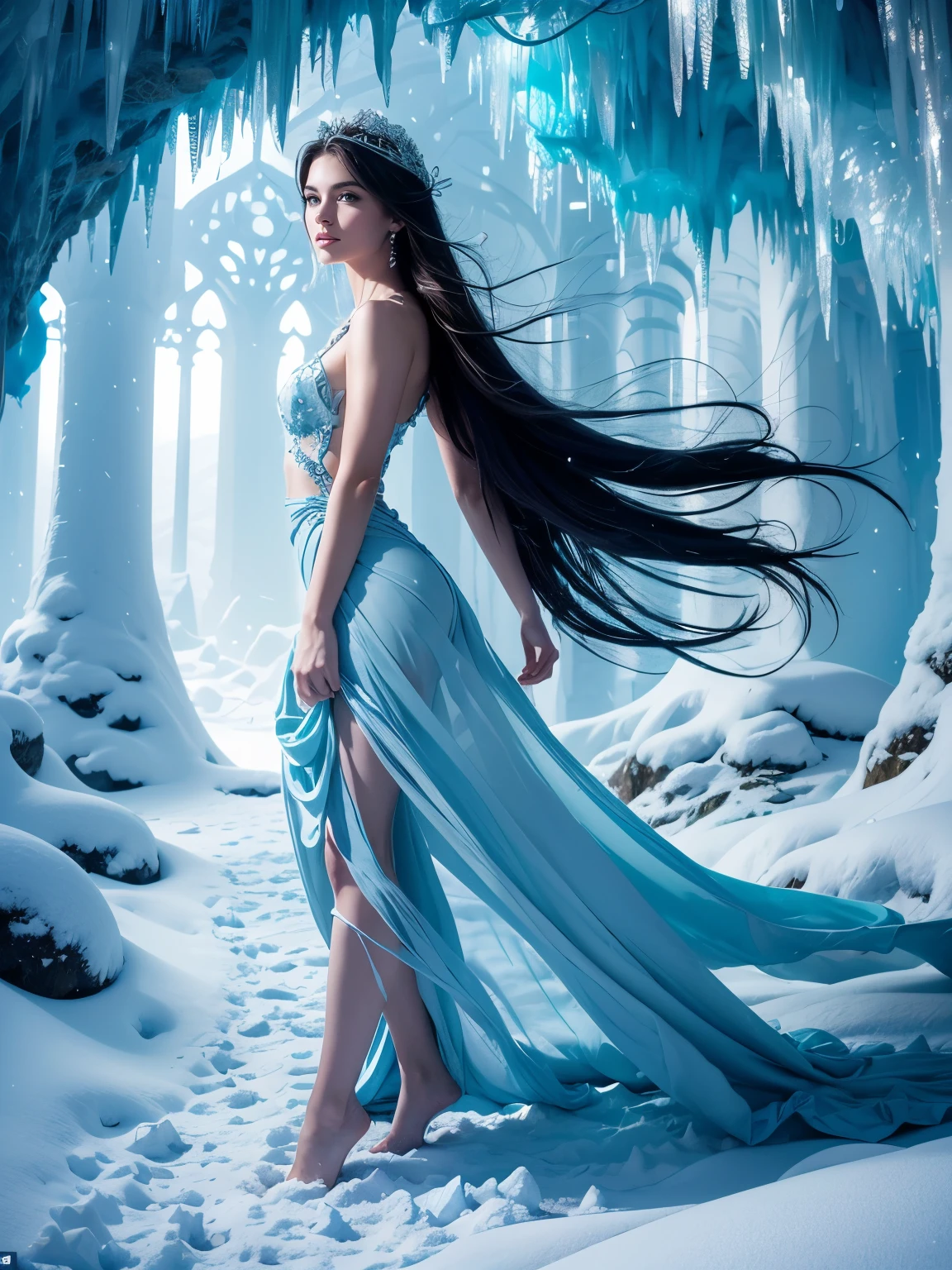 (masterpiece), (best quality), extremely delicate and beautiful, illustration, (fantasy landscape), A mesmerizing fantasy landscape with enchanting elements blending seamlessly. (A gorgeous European woman, age 23, walking in a Majestic crystal snow and ice cave mine), adorned with vibrant blue hue glow reflecting off the surroundings. A sense of tranquility and wonder fills the air, inviting exploration and discovery, depth of field, HDR, intricate, delicate