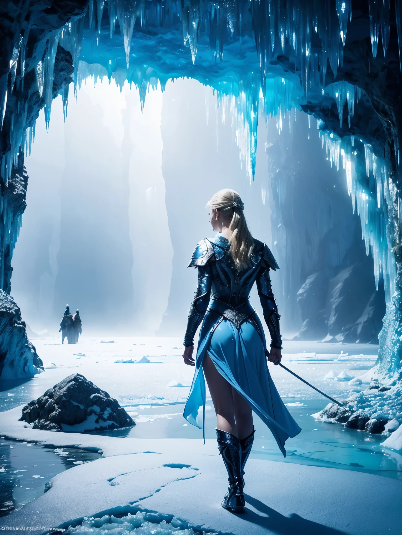 From back, (masterpiece), (best quality), extremely delicate and beautiful, illustration, (fantasy landscape), A mesmerizing fantasy landscape with enchanting elements blending seamlessly. (A gorgeous European woman, age 23, blonde hair), ((futuristic scientific explorer)), ((walking in a Majestic crystal , water, ice and snow Antarctic cave)), adorned with vibrant blue hue glow reflecting off the surroundings. A sense of tranquility and wonder fills the air, inviting exploration and discovery, depth of field, HDR.(((SFW)))