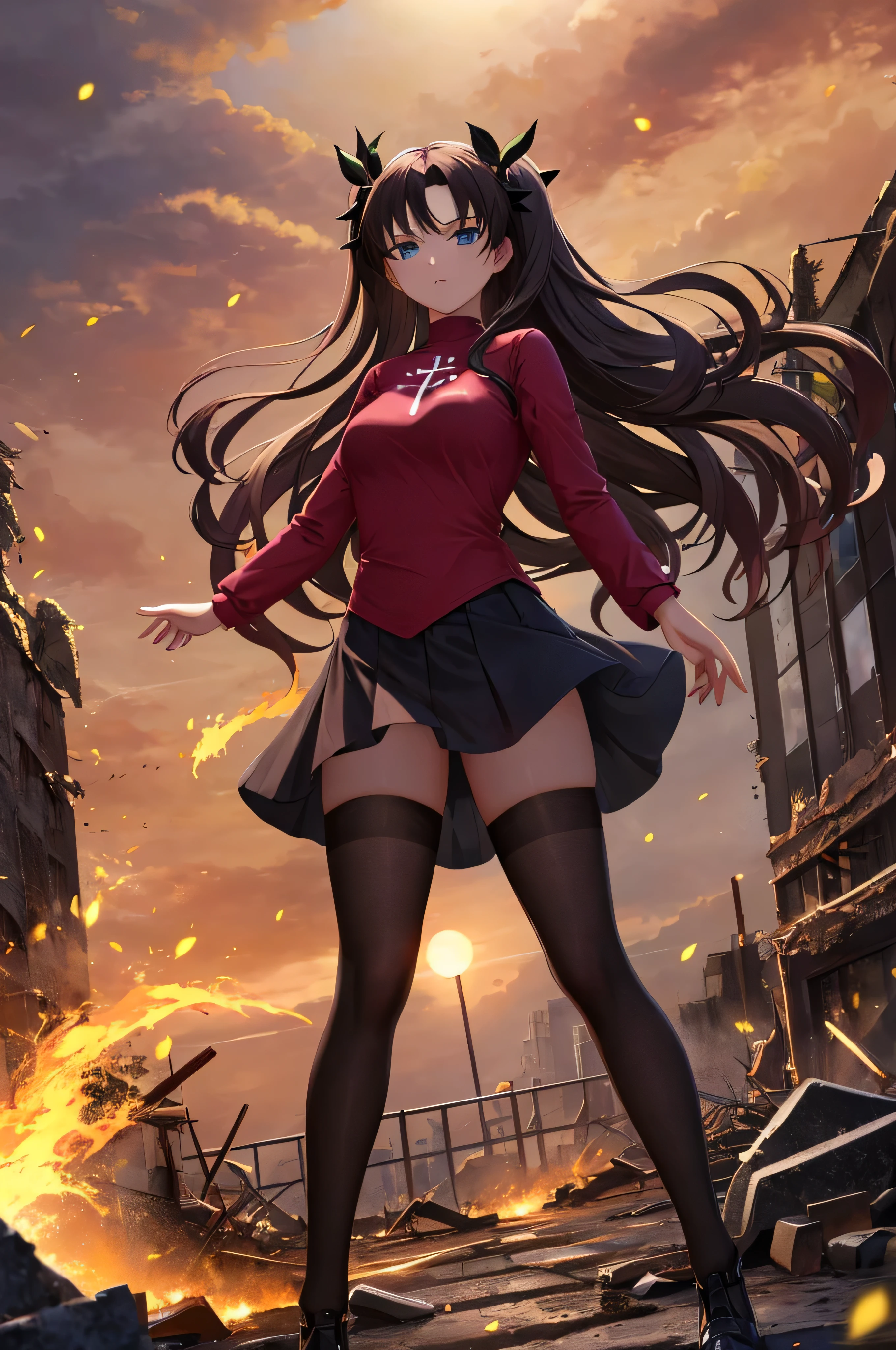 1 girl, Rin Harusaka, alone, long hair, Raise your legs high, skirt, blue eyes, black Raise your legs high, black hair, Take the gem, Strike an aggressive stance. Desolate city ruins in the background，smooggy, Create a sense of combat atmosphere. masterpiece, best quality, 4K, illustration style, best lighting, depth of field, detailed characters, Detailed environment