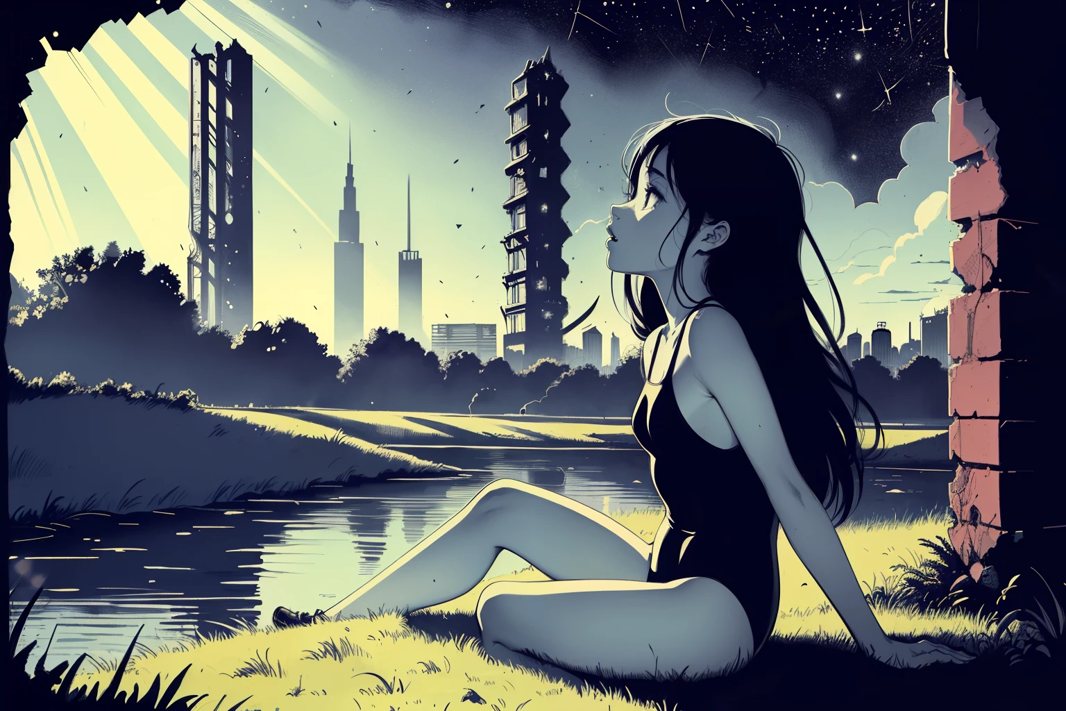 superflat, flat shading, flat colors, masterpiece, best quality, closeup, 1girl, , 10yo, smaleast, black hair, black swimsuit, sitting on grass, long hair, river, grassy hills, (black starry sky:1.2, industrial ruins and towers in background, best shadows, rays of sunlight, sketch