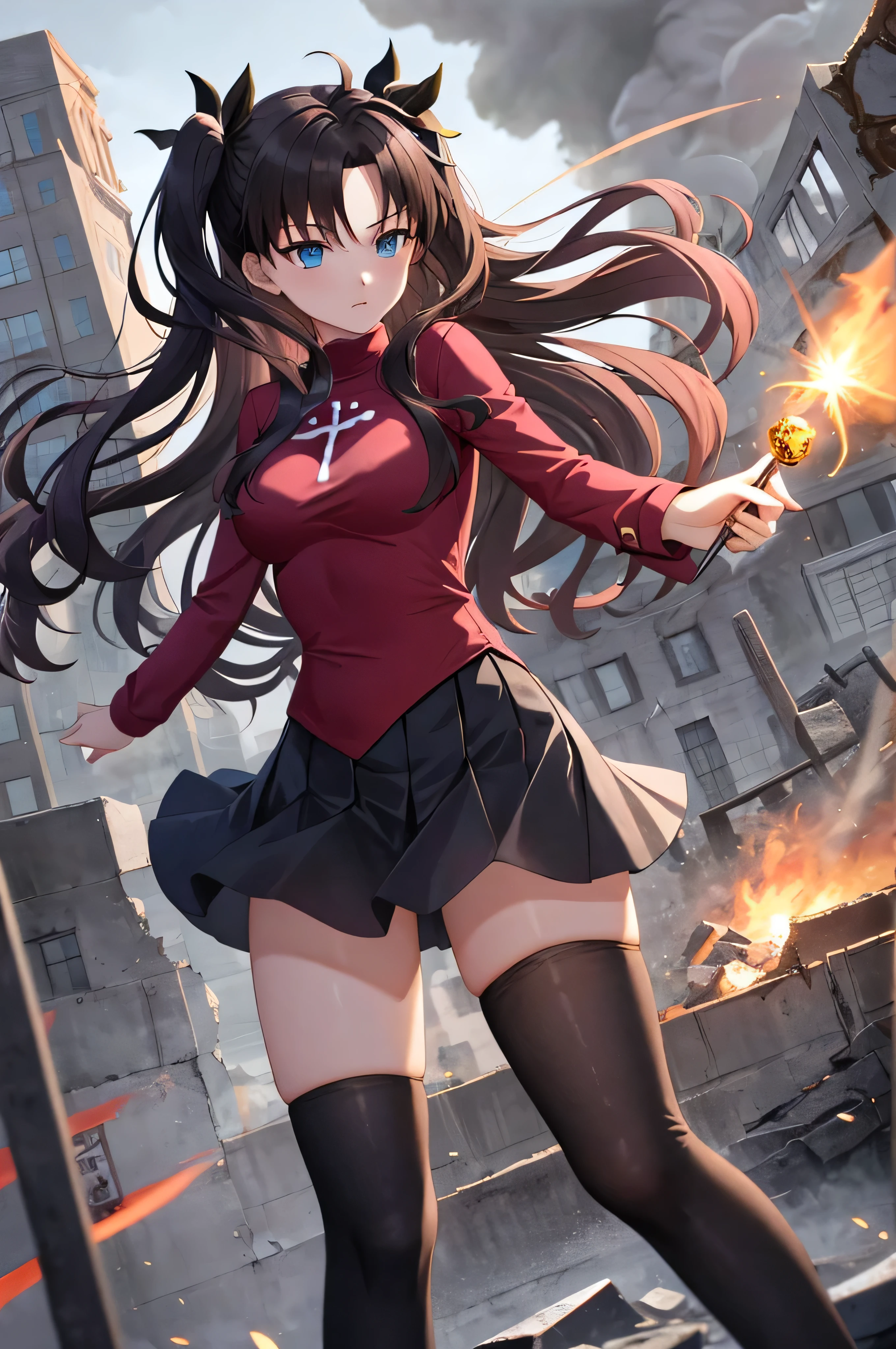 1 girl, Rin Harusaka, alone, long hair, Raise your legs high, skirt, blue eyes, black Raise your legs high, black hair, Take the gem, Strike an aggressive stance. Desolate city ruins in the background，smooggy, Create a sense of combat atmosphere. masterpiece, best quality, 4K, illustration style, best lighting, depth of field, detailed characters, Detailed environment