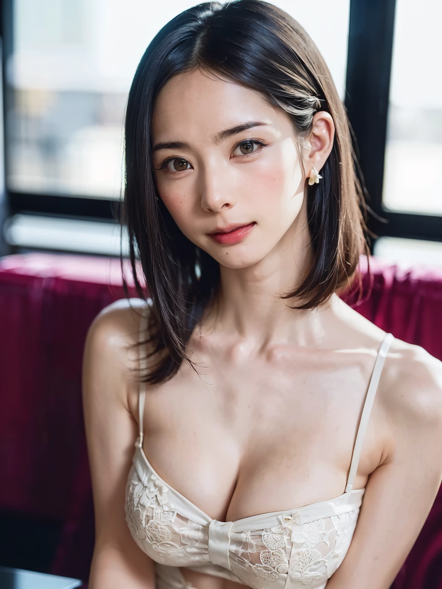 (table top, highest quality、ultra high resolution、very attractive beauty、Adds intense highlights to the eyes、look closely at the camera:1.4、Absolutely beautiful bangs:1.4、Brunette's short bob hair with bangs:1.4),1 girl, alone, black haired, scarf, have,, realistic, looking at the viewer, pale black eyes, short hair, coat, Winter clothes, White headscarf, lips, lip gloss, Upper body、Big eyes、eyelash)、((italian roads、ハイパーrealisticスティック:1.4))、((short hair with bangs:1.4、Beautiful bangs with 46 points:2、{Huge|big|Hugeな|mega} chest:2, cleavage:2、Big eyes、Give students very powerful highlights、very bigger chest、look at the audience、very beautiful beauty、please show me your ears、long neck、smile a little、beautiful teeth、open your mouth and smile))、28 years old、very cute super model