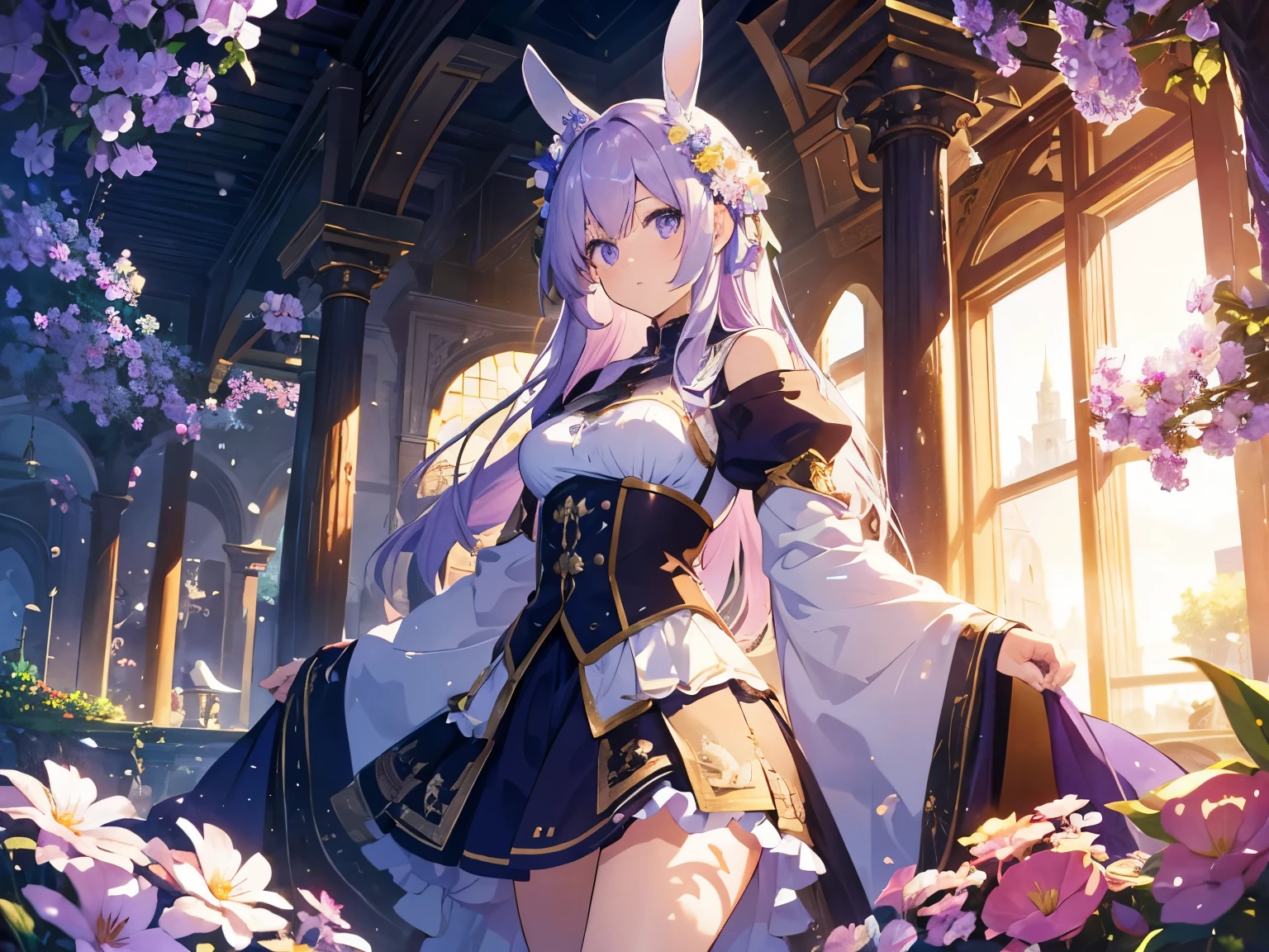 Official Art, Masterpiece European female, light purple hair , purple eyes, (masterpiece、top-quality、hight resolution: 1.4),in 8K, Anime Art Nouveau, highly detailed exquisite fanart, anime fantasy illustration, clean detailed anime art, detailed anime art, Sharp Focus, Delicate Beautiful Hair and Eyes and Face, realisitic, ultra-detailliert, flower garden, sunlight, white bunny ears, fullbody