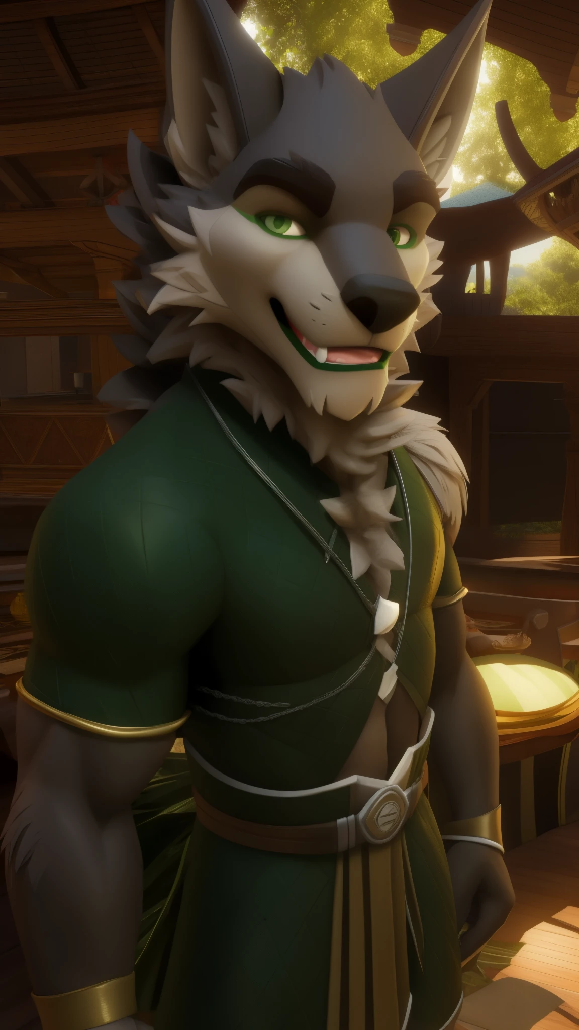 Male werewolf wearing a Brazilian style outfit green eyes a realistic background of São Paulo playing pagoda Brazilian accent looking at the viewer a very cool smile unique and original 3D Unreal Engine 5 full HDR 999999K