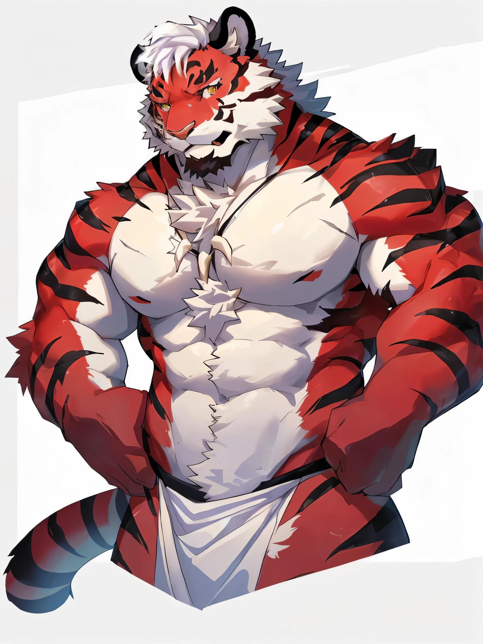 anime tiger with a white body and red and black stripes, has a scar on left eye, white fluffy hair, sfw version, tiger_beast, anthropomorphic tiger, as a character in tekken, detailed anime character art, ((tiger)), official character art, anime character art, character from king of fighters, anime character, official art, fighting game character, anime character; full body art