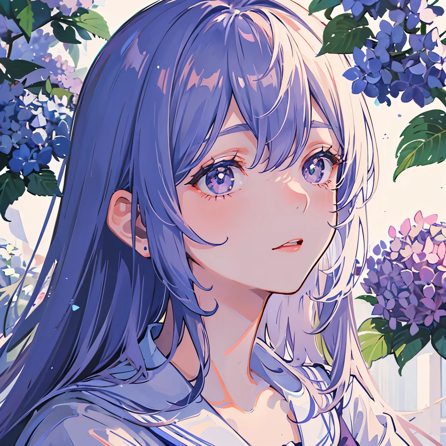 sailor suit　Hydrangea path　Jewel-like eyes　Water Effects　Plum rain　My face is wet　close up of face　lots of hydrangeas