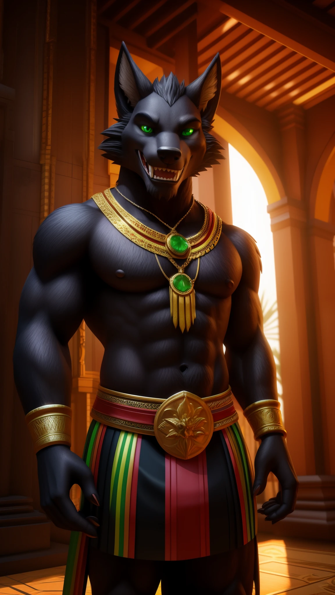 Male werewolf wearing a Brazilian style outfit green eyes a realistic background of São Paulo playing pagoda Brazilian accent looking at the viewer a very cool smile unique and original 3D Unreal Engine 5 full HDR 8K