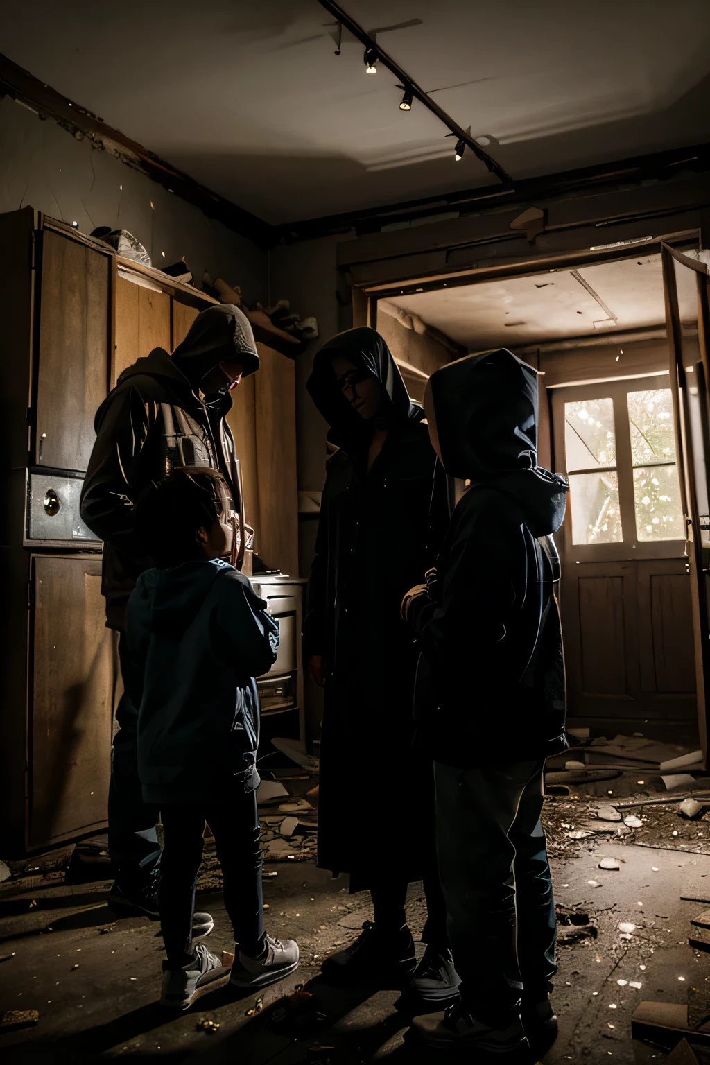 3 kids facing a mysterious hooded man in an abandoned house at night