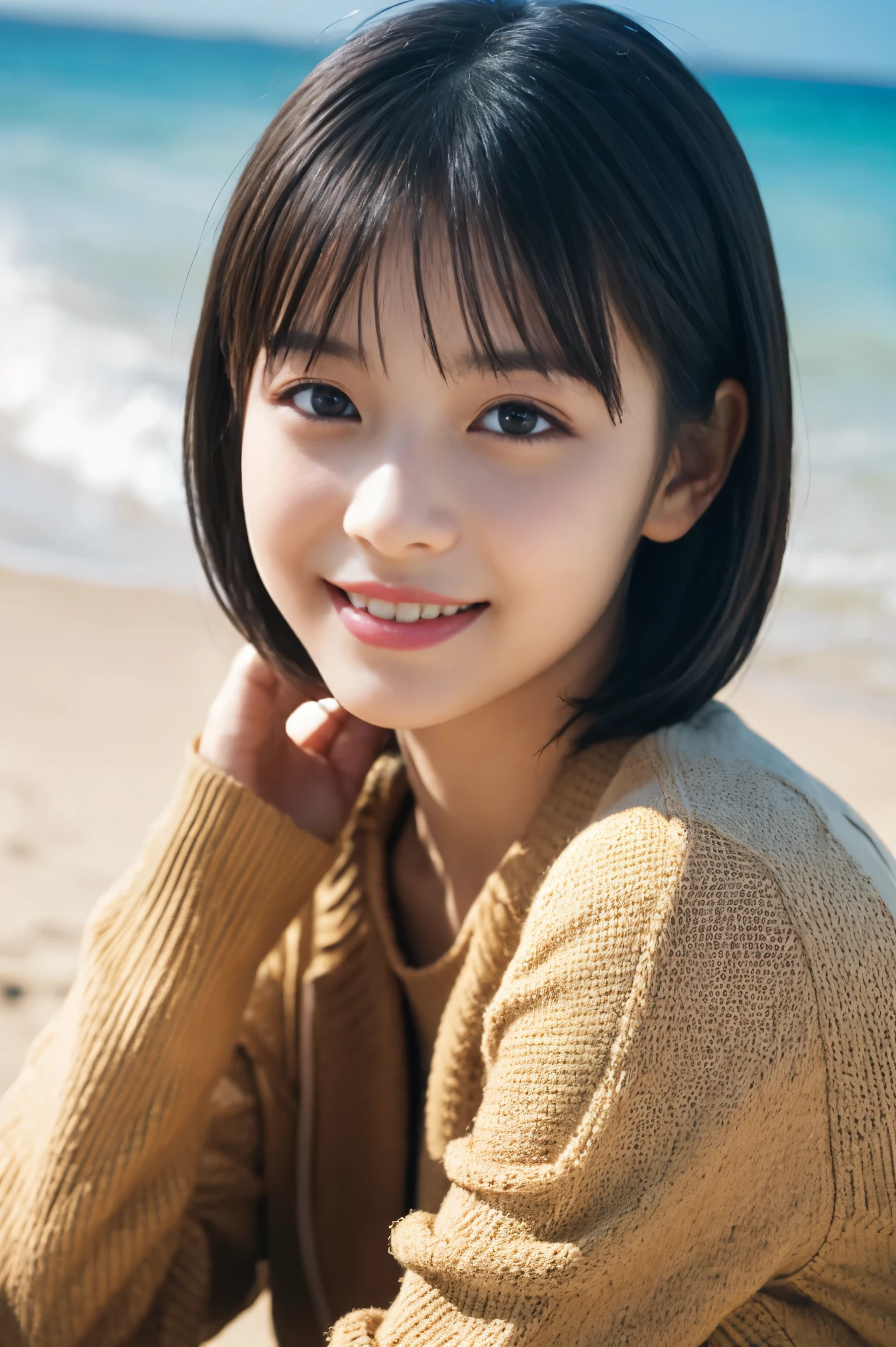 1 girl, (Wear casual fall clothes:1.2), (13 years old:1.5), young face, cute face,
(RAW photo, highest quality), (realistic, Photoreal:1.4), table top, sharp focus,
very delicate and beautiful, very detailed, 2k wallpaper, wonderful, finely,
very detailed CG Unity 8K 壁紙, super detailed, High resolution, soft light,
beautiful detailed girl, very detailed目と顔, beautifully detailed nose, beautiful and fine eyes,
Destroying the beach, cinematic lighting, swimsuit perfect anatomy, slender body, straight short hair, parted bangs, innocent smile, looking at the viewer