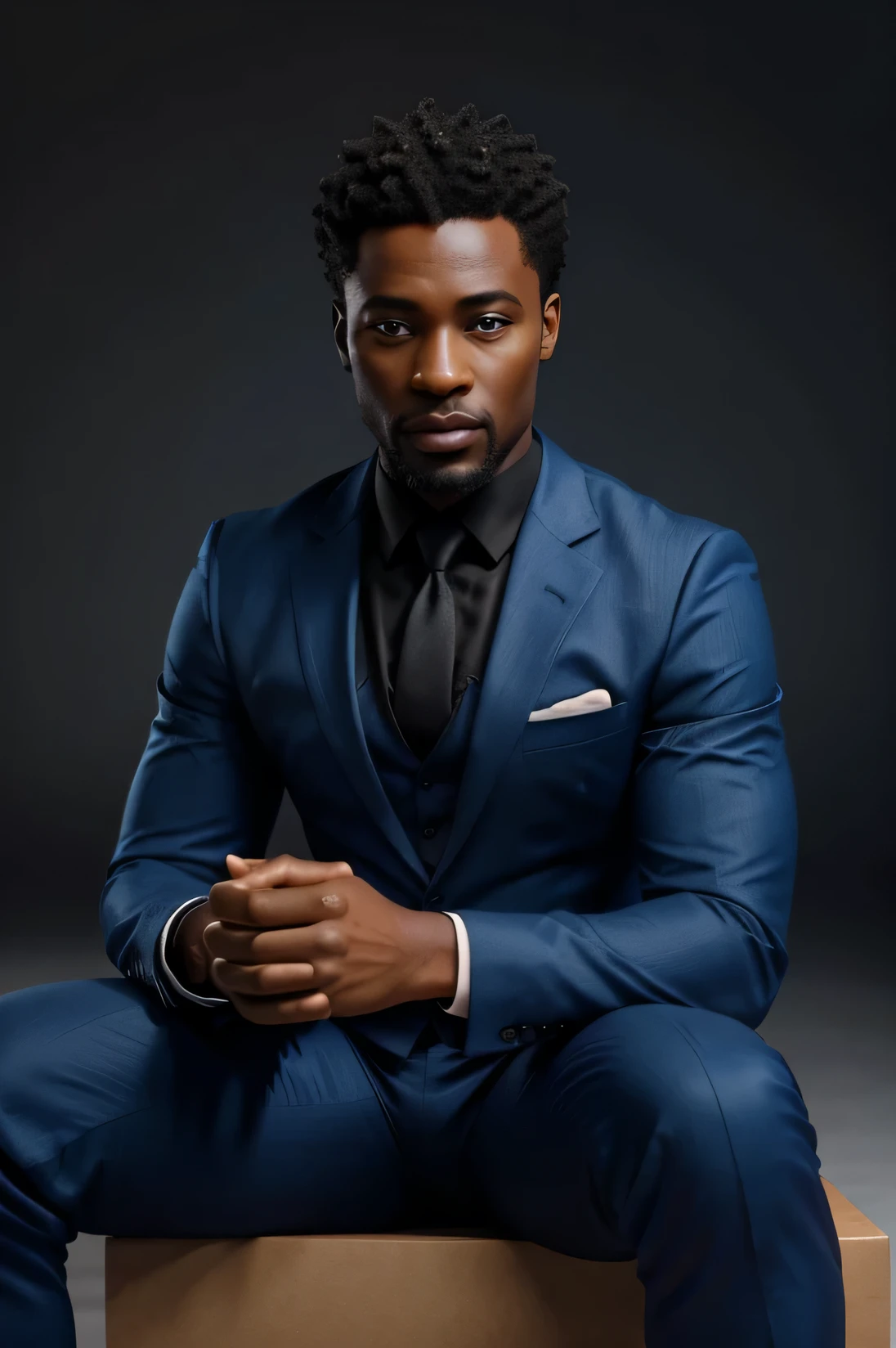 Create a 3D illustration of an animated character in full figure sitting casually on the box with the text Linkedin the character is an African man of age 36 low cut hair style blue eyes dark suit. The background of the image is a Linkedin profile page with a username and a profile picture that matches the animated character.

