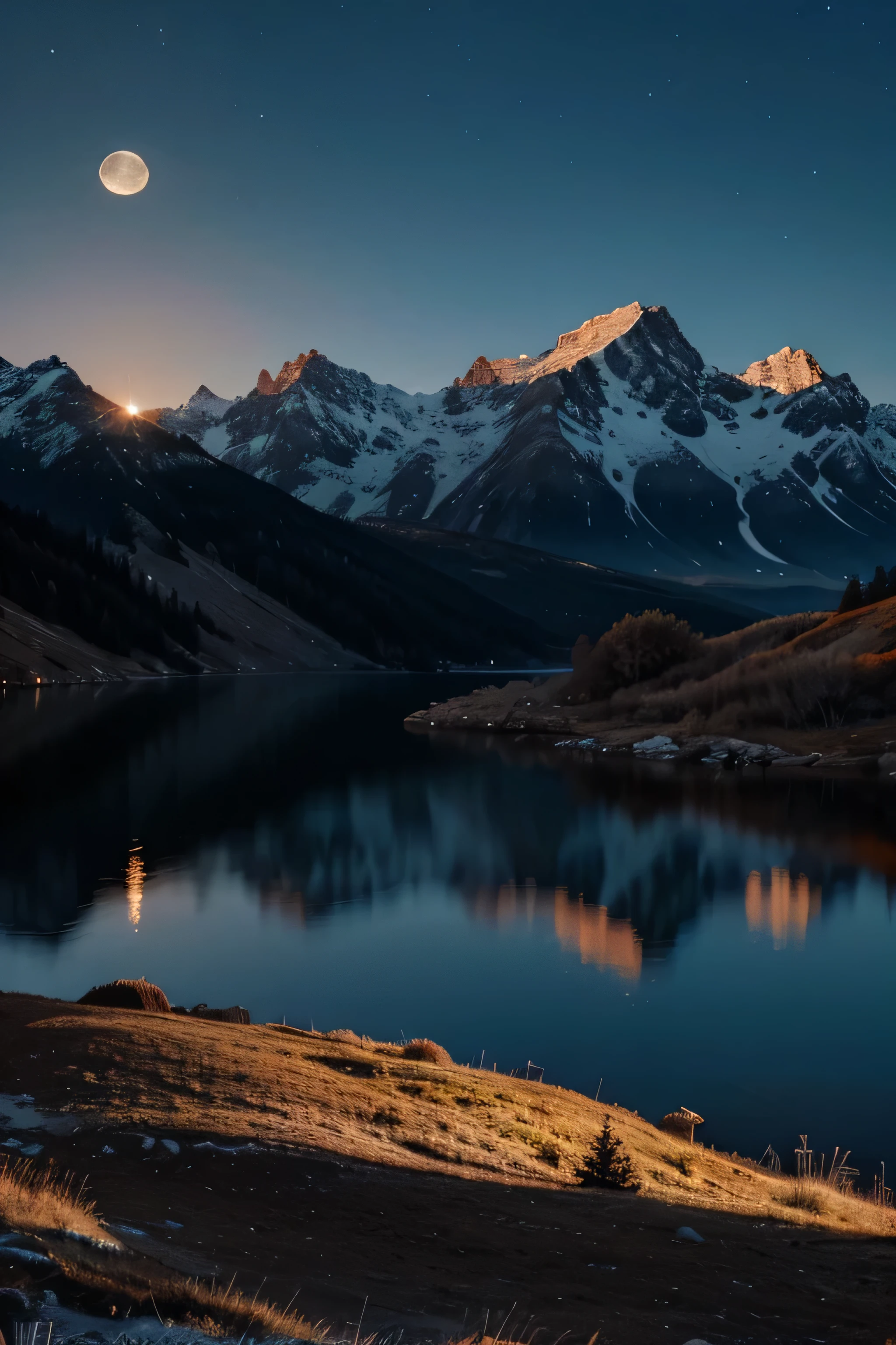 mountains and a lake, 4k HD Wallpaper, sci-fi, beautiful, stunning, 4k, Night, Blue, Orange, Moon