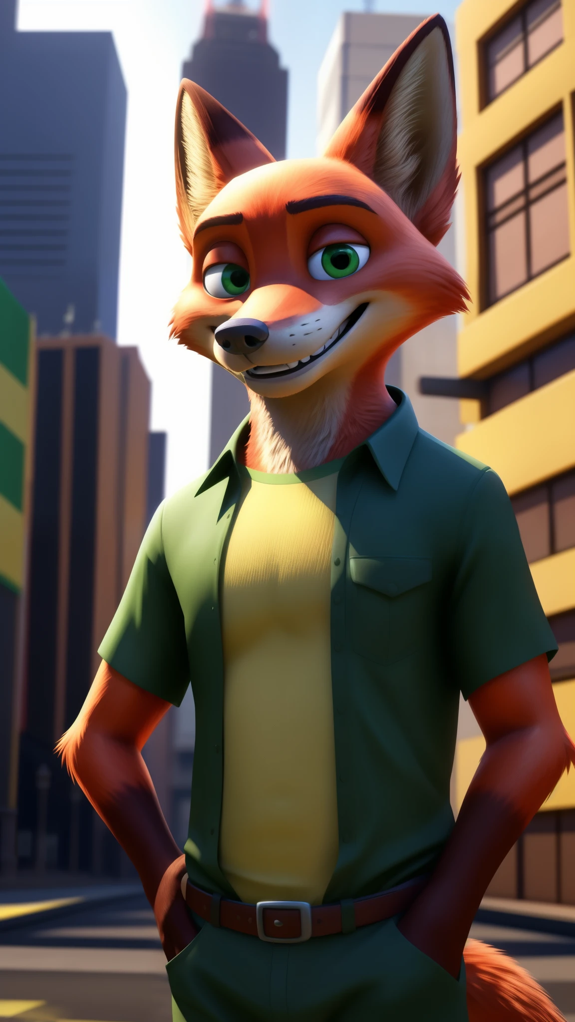 Nick Wilde with abs wearing a crop top of his Hawaiian green shirt with indigo tie and khaki pants with a bare midriff and a bare navel , digital art, ((perfect face)), ((best quality)), ((masterpiece))