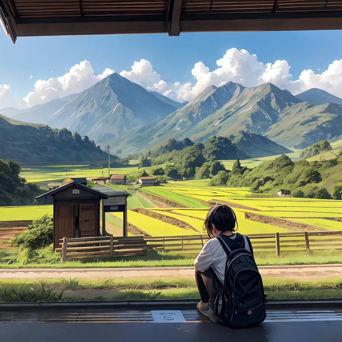 shot from far away, a student sitting down waiting for a bus at the bus stop, countryside village, paddy field, mountain range, morning, sky, cloud