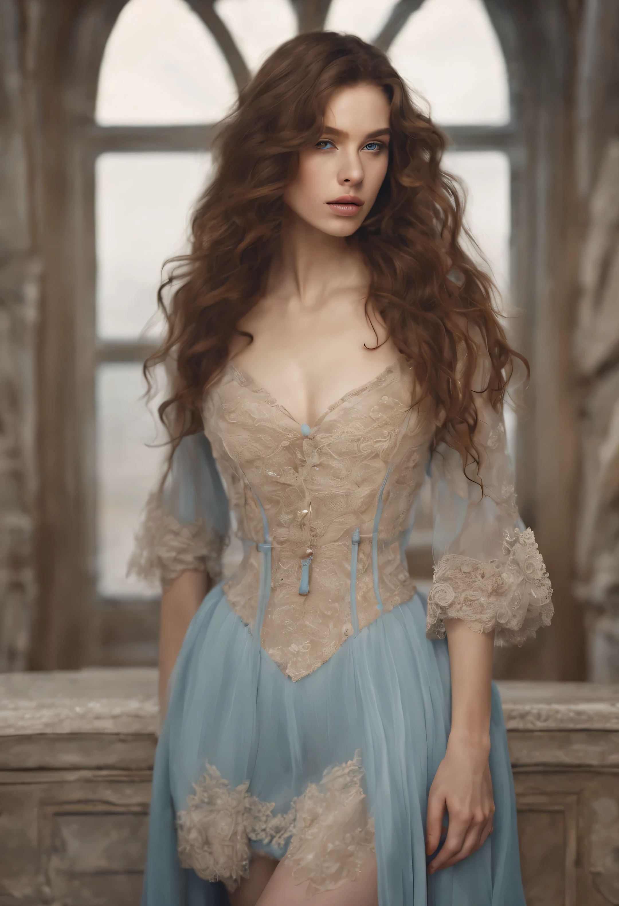 Best Quality, Masterpiece, (Realistic: 1.2), 1 girl, slim girl, red hair, brown eyes, front, detailed face, beautiful eyes, brown eyes, big eyes, small breasts, cleavage, long dress