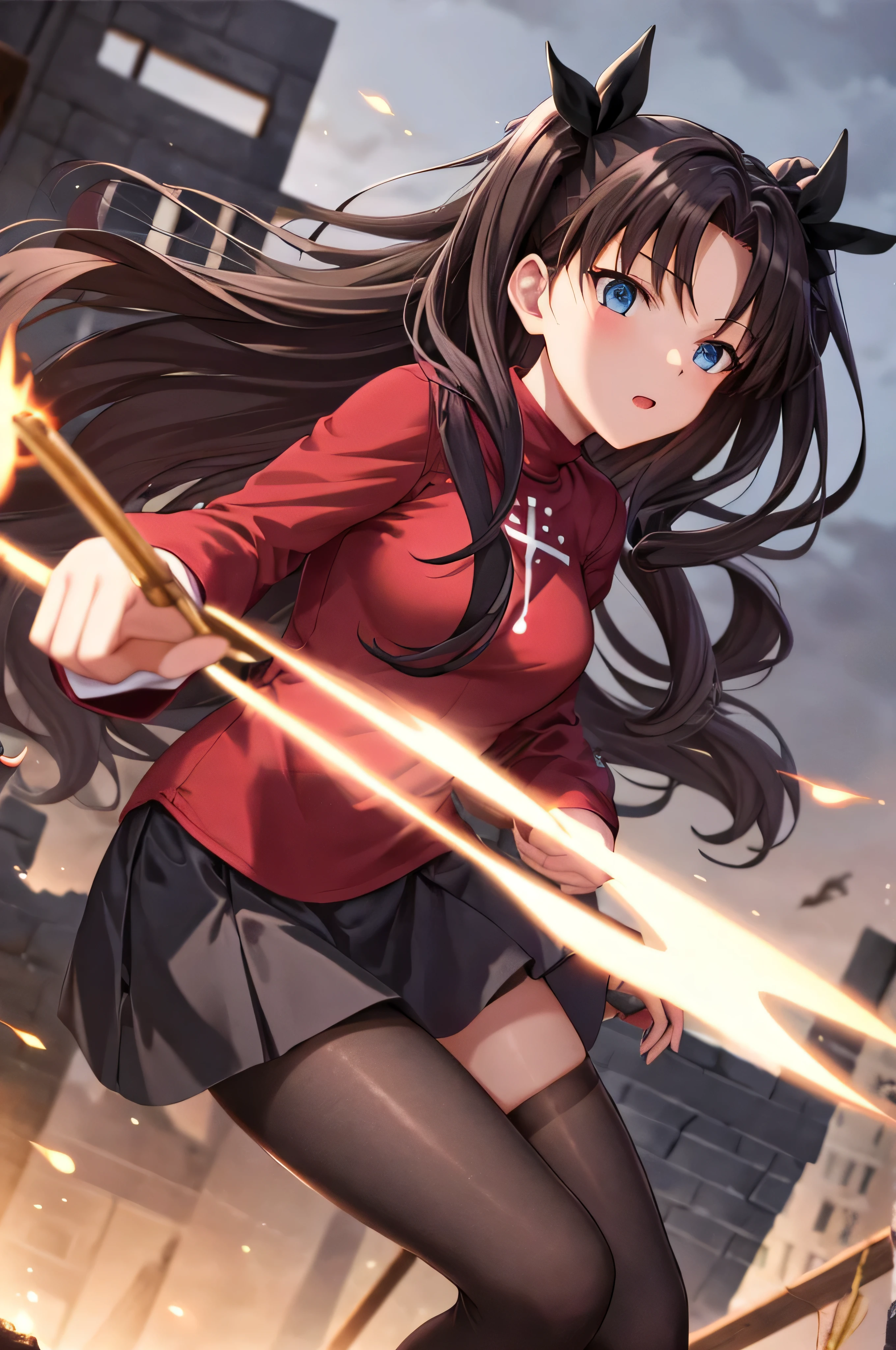 1 girl, Rin Harusaka, alone, long hair, Raise your legs high, skirt, blue eyes, black Raise your legs high, black hair, Take the gem, Strike an aggressive stance. Desolate city ruins in the background，smooggy, Create a sense of combat atmosphere. masterpiece, best quality, 4K, illustration style, best lighting, depth of field, detailed characters, Detailed environment