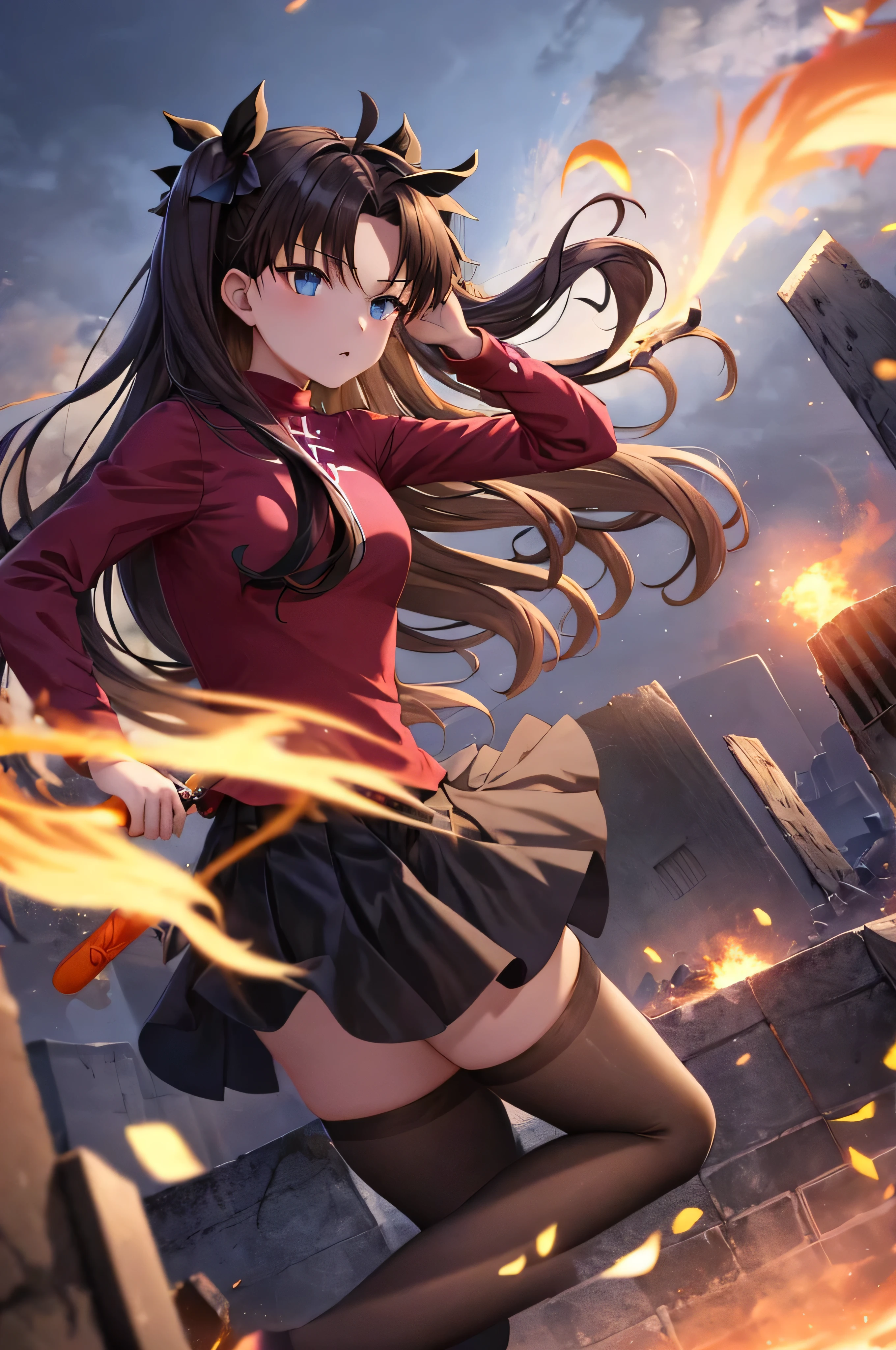 1 girl, Rin Harusaka, alone, long hair, Raise your legs high, skirt, blue eyes, black Raise your legs high, black hair, Take the gem, Strike an aggressive stance. Desolate city ruins in the background，smooggy, Create a sense of combat atmosphere. masterpiece, best quality, 4K, illustration style, best lighting, depth of field, detailed characters, Detailed environment