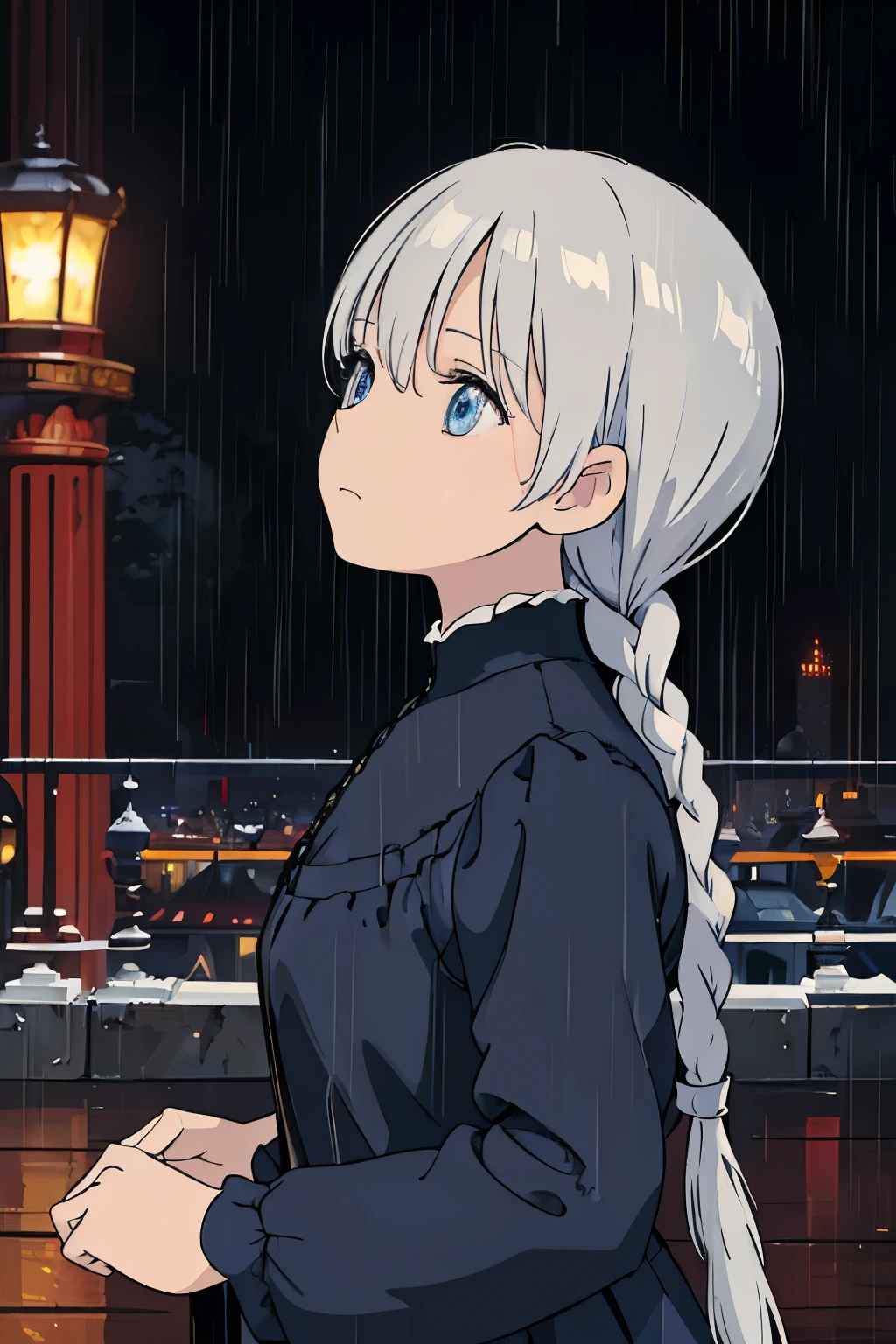 (masterpiece:1.21), (best quality:1.331), (ultra-detailed), (extremely best illustration), ((amazing)), (hyper quality), gorgeous and rich graphics, (extremely beautiful and beautiful:1.21), 8k, wallpaper, (beautiful lighting), bright light, detailed composition, ( Perfect Composition), (Beautiful Detailed Background:1.21), Rembrandt style light and shadow expression, Dark tones, (Low key and high variance color scale), ((Depth of field)), Deep shadows, Dynamic angles, From the side, upper body, radial blur, rain, (City lights, blurred background), (1girl), (Beautiful detailed eyes), Clear blue eyes, Long silver French braids,