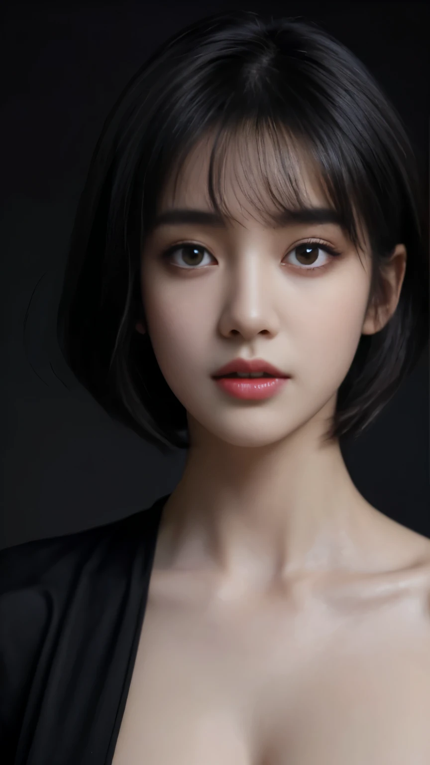 Best Quality, Masterpiece, Perfect Body Beauty, cinematic lighting, black shirt, Highly detailed face and skin texture, Detailed eyes, whitening skin, perfect face, ((huge breast)), looking at viewer, ((Dark background)), open mouse, straight Bangs, short cut hair, ((make up)),