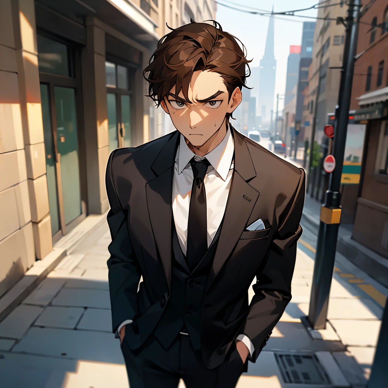 1male , Brown Hair , Black Suit and Tie , Standing on sidewalk , Adult Male , Serious Expression
