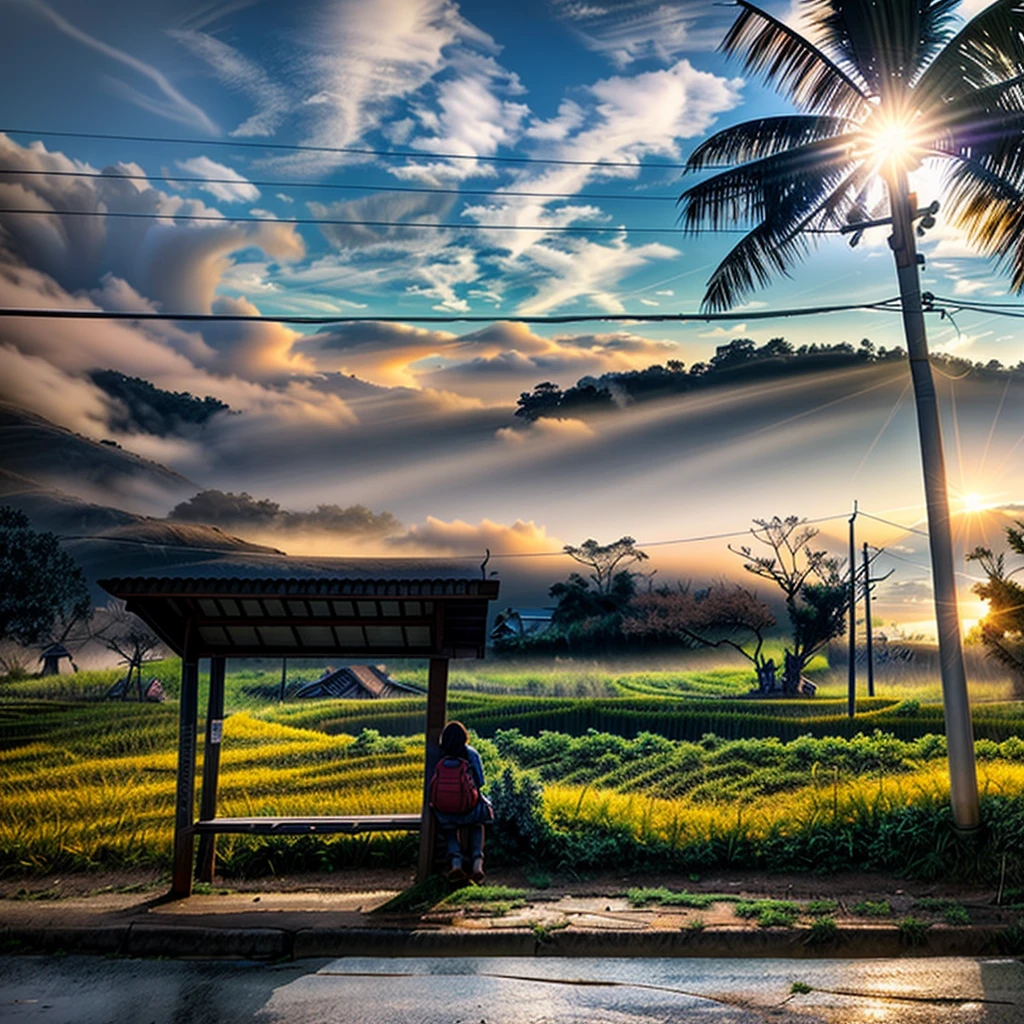 shot from far away, a student sitting down waiting for a bus at the bus stop, countryside village, paddy field, mountain range, morning, sky, cloud