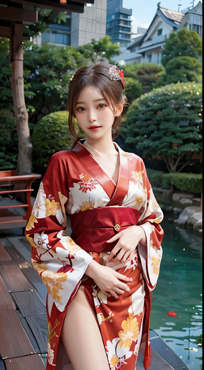 Set in a tranquil scene, a demure woman graces the surroundings in the modest elegance of a fully-covered red kimono. The rich crimson fabric, adorned with intricate patterns, conceals her skin, allowing the focus to shift to the graceful flow of the traditional attire. The obi accentuates her waist with subtlety, adding a touch of refinement. With her skin discreetly hidden, she radiates a serene charm, capturing the timeless beauty of a woman in a modest yet captivating red kimono