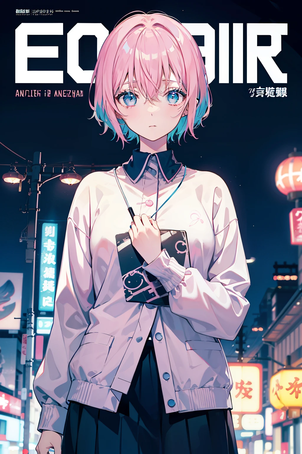 Create an image of a young woman with short pink hair and blue eyes, wearing a long-sleeved pastel blouse with a heart anatomy print. Her expression should be dreamy and pensive, lost in thought. The background will be a urban night landscape reminiscent of Tokyo with neon signs and blurry lights. Red lanterns must be included to add a touch of Asian culture. The overall atmosphere should reflect a lo-fi, relaxing aesthetic.
(magazine:1.3), (cover-style:1.3), fashionable, woman, pastel, outfit, posing, front, colorful, dynamic, background, elements, serene, introspective, holding