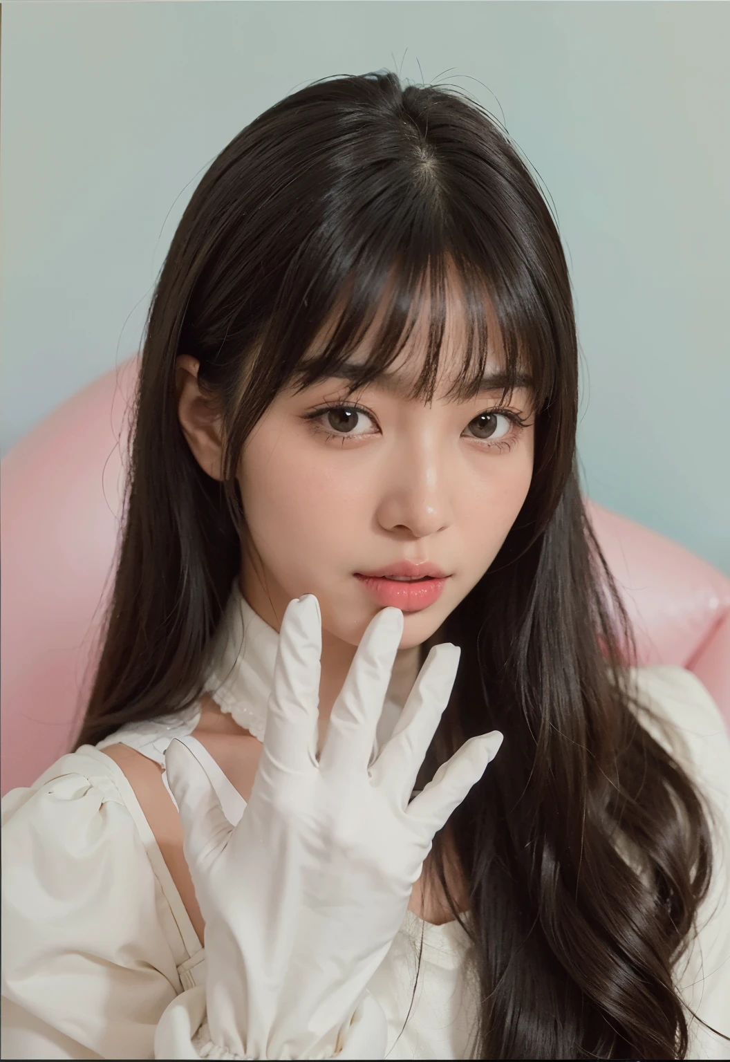 Araffed Asian woman with long black hair and white gloves. ella tiene el pelo negro con flequillo