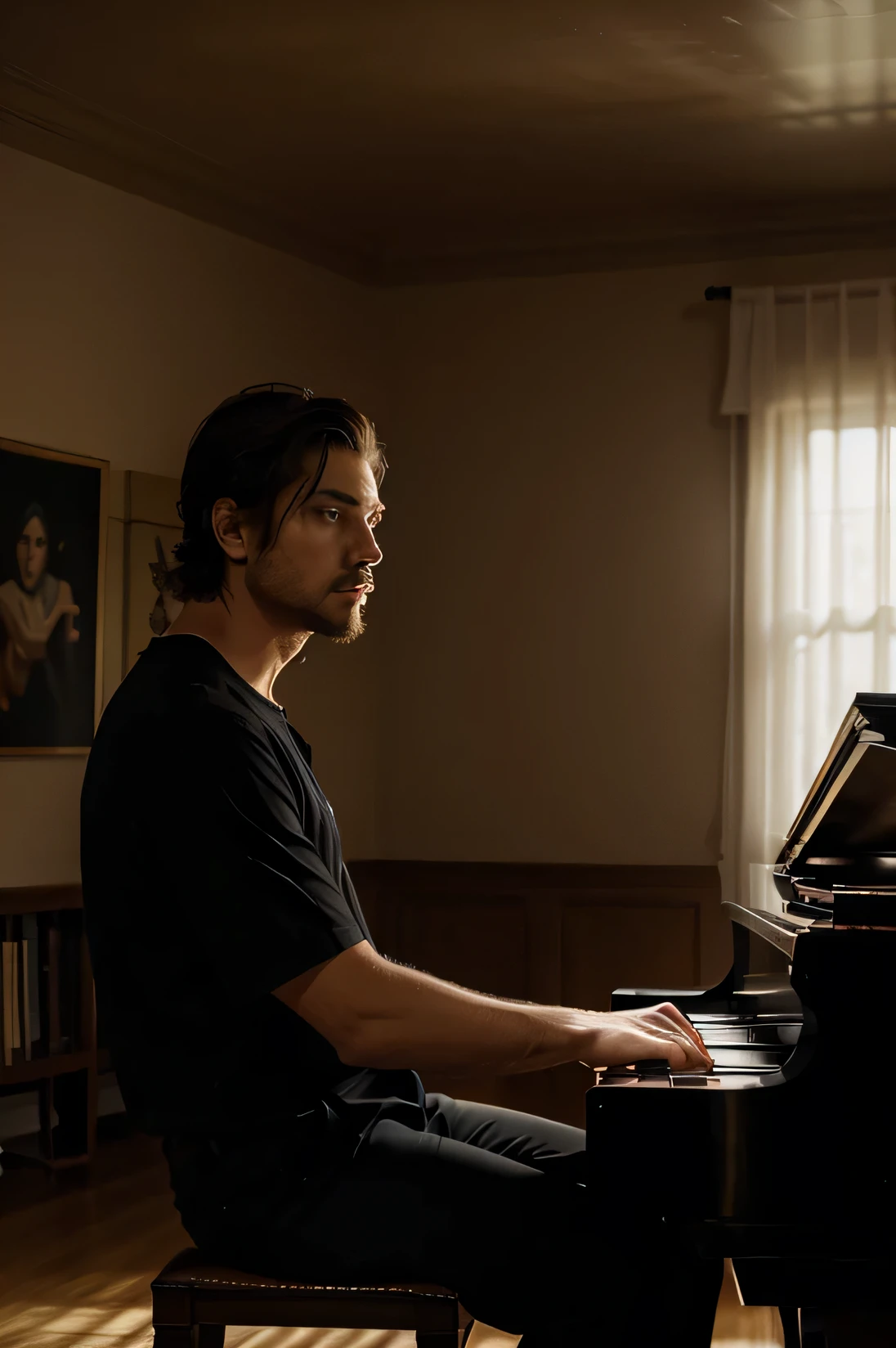 Un bel homme en chemise dans une grande maison essaie de composer sur son piano à queue noir, mais il a du mal et ne semble pas trouver l'inspiration. Un bel homme en chemise dans une grande maison essaie de composer sur son piano à queue noir, mais il a du mal et ne semble pas trouver l'inspiration. Réaliser cette image sous forme de dessin réaliste et artistique. Dessinez un flux artistique abstrait au-dessus de sa tête, représenter