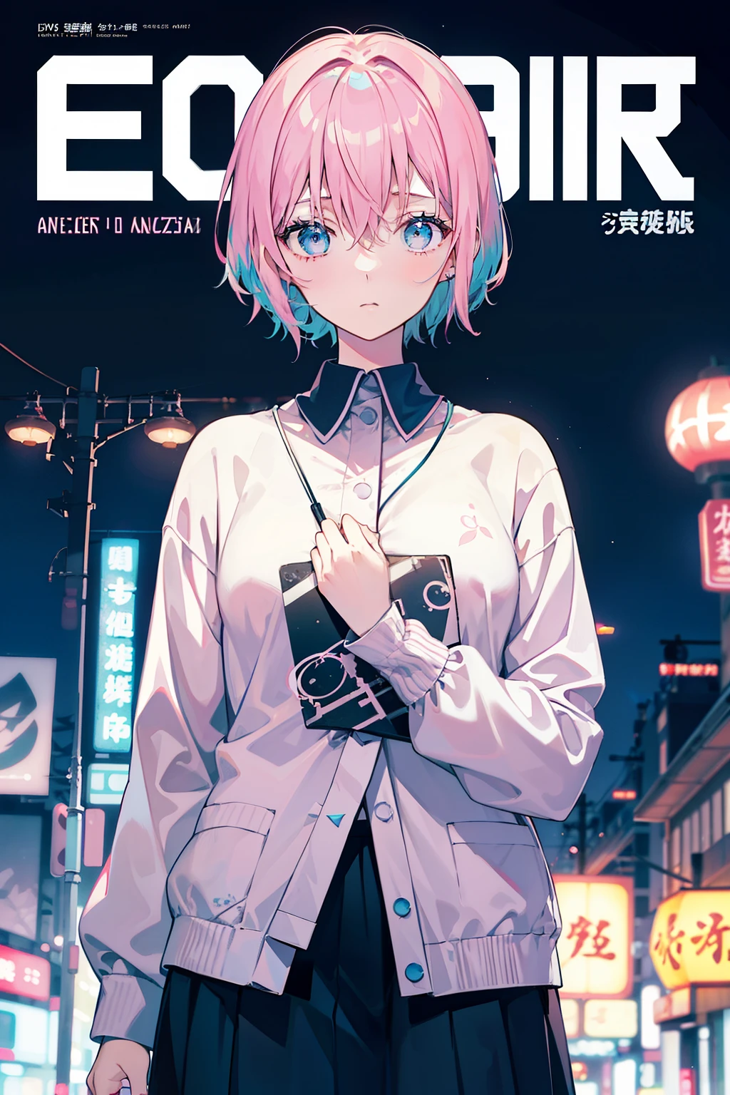 Create an image of a young woman with short pink hair and blue eyes, wearing a long-sleeved pastel blouse with a heart anatomy print. Her expression should be dreamy and pensive, lost in thought. The background will be a urban night landscape reminiscent of Tokyo with neon signs and blurry lights. Red lanterns must be included to add a touch of Asian culture. The overall atmosphere should reflect a lo-fi, relaxing aesthetic.

(magazine:1.3), (cover-style:1.3), fashionable, woman, pastel, outfit, posing, front, colorful, dynamic, background, elements, serene, introspective, holding