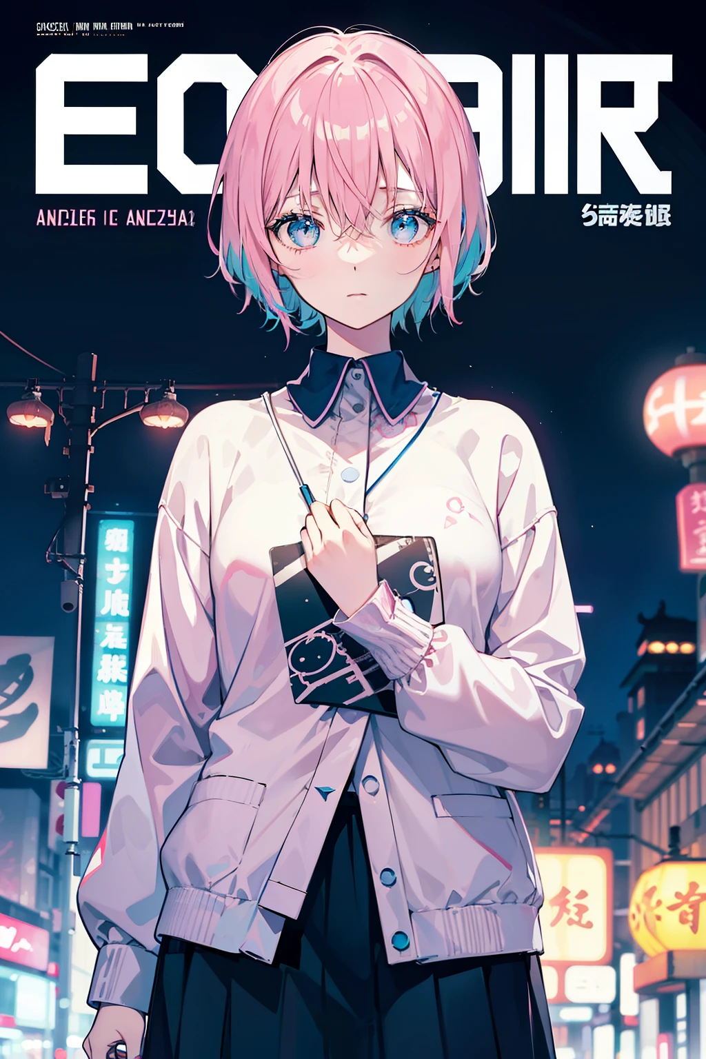 Create an image of a young woman with short pink hair and blue eyes, wearing a long-sleeved pastel blouse with a heart anatomy print. Her expression should be dreamy and pensive, lost in thought. The background will be a urban night landscape reminiscent of Tokyo with neon signs and blurry lights. Red lanterns must be included to add a touch of Asian culture. The overall atmosphere should reflect a lo-fi, relaxing aesthetic.

(magazine:1.3), (cover-style:1.3), fashionable, woman, pastel, outfit, posing, front, colorful, dynamic, background, elements, serene, introspective, holding
