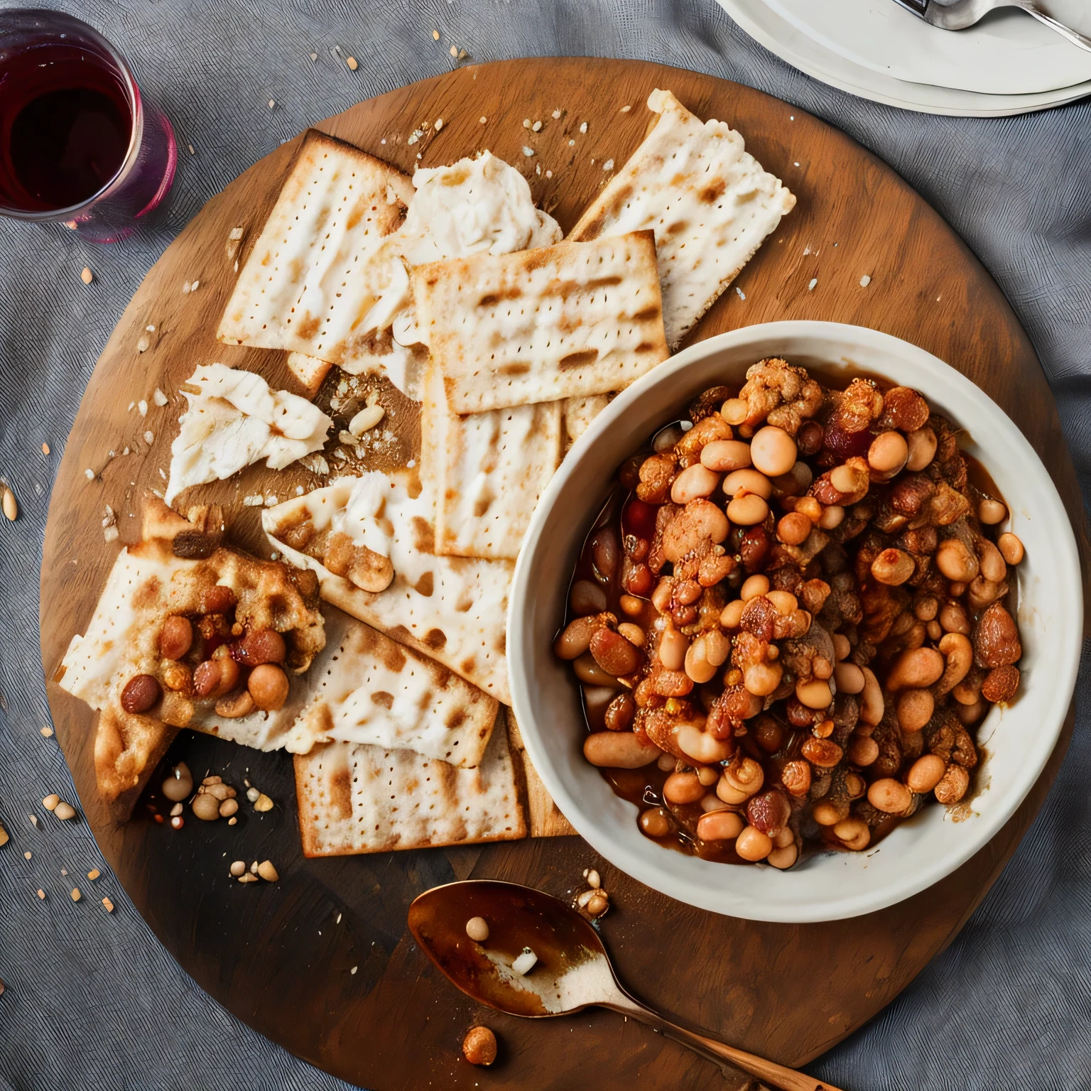 there is a bowl of food on a wooden plate with crackers, 💣 💥💣 💥, easy, by Jakob Emanuel Handmann, by Leo Michelson, woo kim, baked beans, adi meyers, overflowing with baked beans, by Jankel Adler, by Heinz Edelman, warm, alvin schwartz, by Carey Morris, by Emanuel Witz, by Judith Brown, ham, mixed art