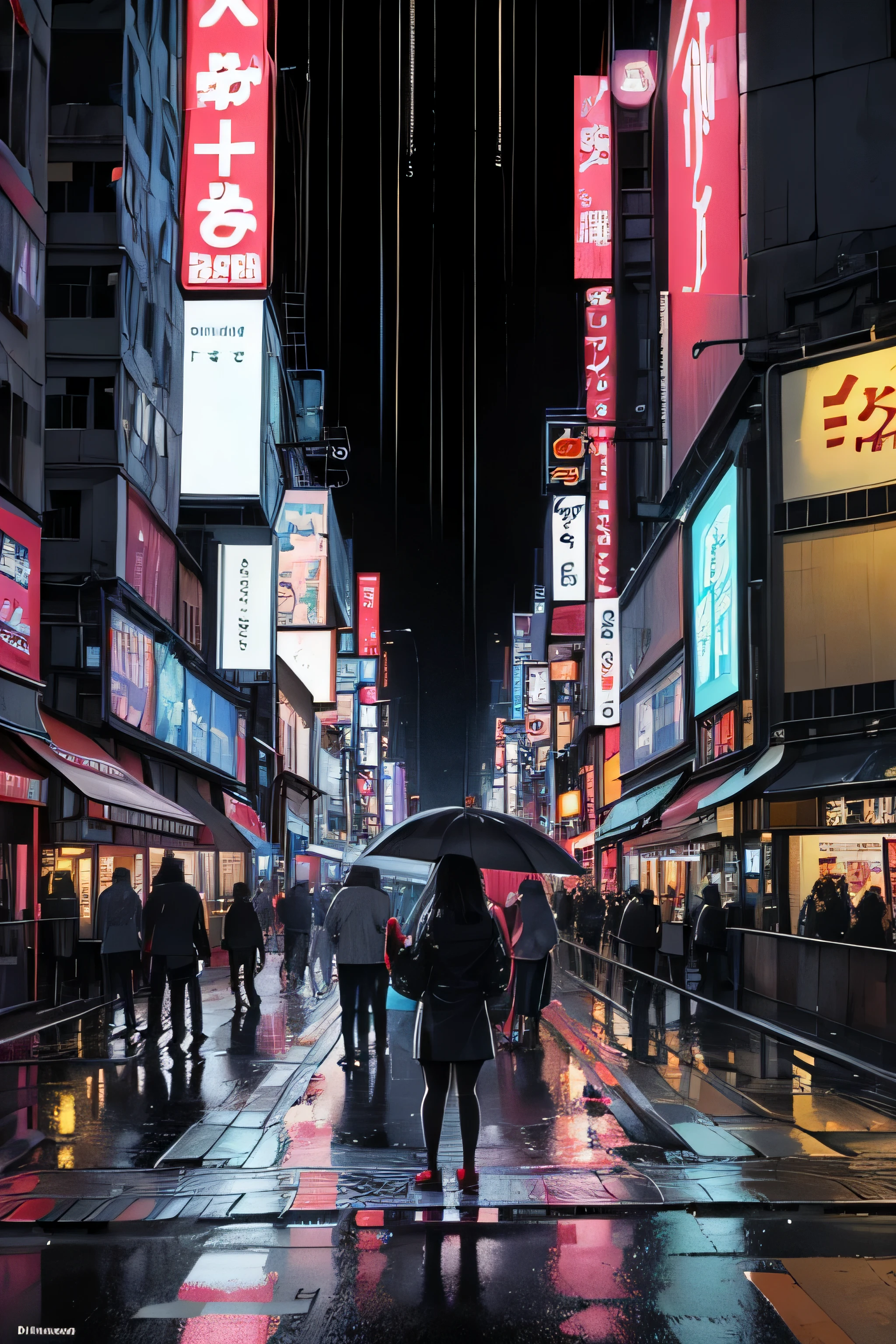 big city, tokyo, dystopian, rainy night, neon advertisements, youngsters partying, dancing, loudspeakers, boys and girls, sportscars