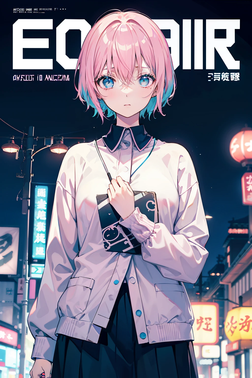 Create an image of a young woman with short pink hair and blue eyes, wearing a long-sleeved pastel blouse with a heart anatomy print. Her expression should be dreamy and pensive, lost in thought. The background will be a urban night landscape reminiscent of Tokyo with neon signs and blurry lights. Red lanterns must be included to add a touch of Asian culture. The overall atmosphere should reflect a lo-fi, relaxing aesthetic.

(magazine:1.3), (cover-style:1.3), fashionable, woman, pastel, outfit, posing, front, colorful, dynamic, background, elements, serene, introspective, holding