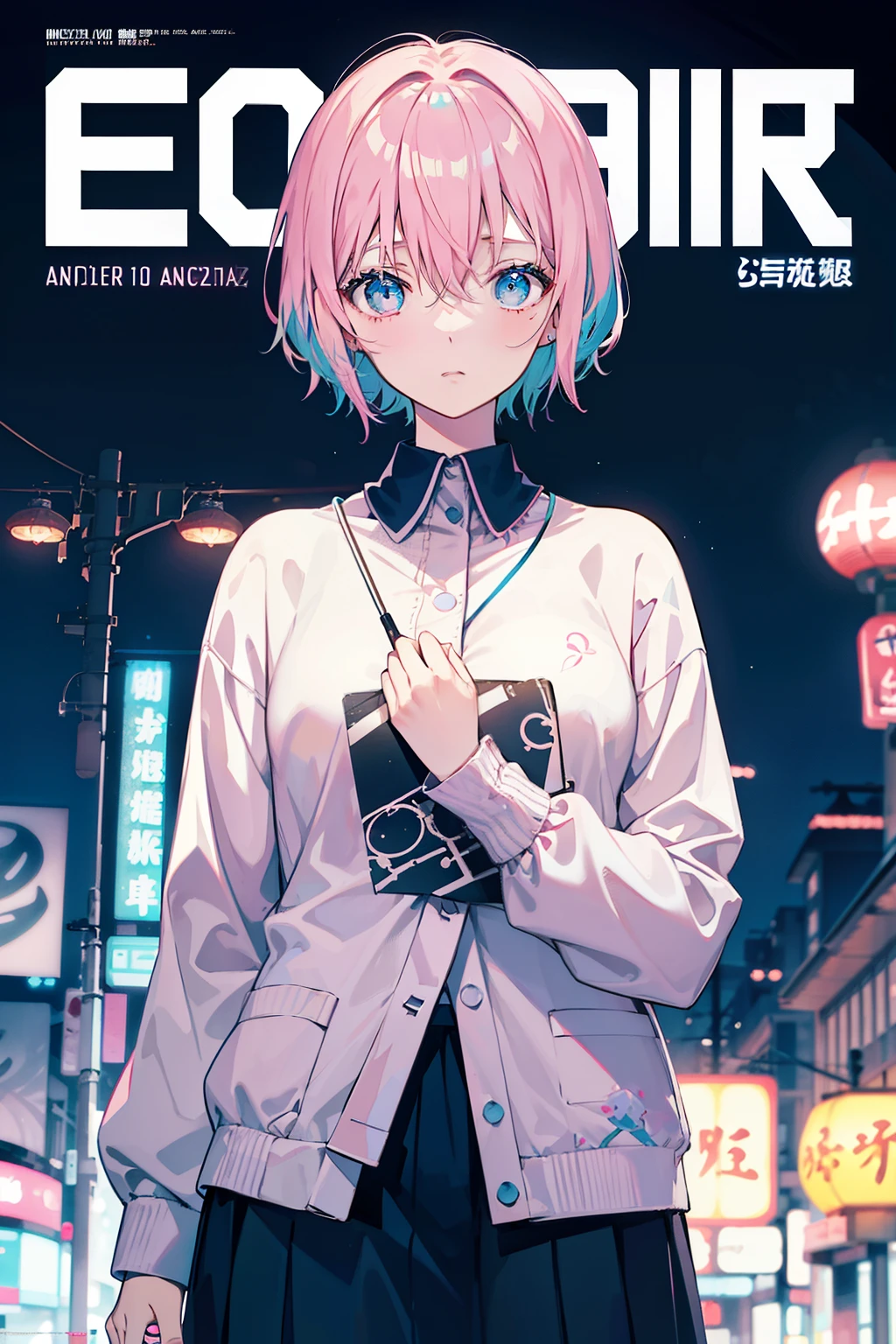 Create an image of a young woman with short pink hair and blue eyes, wearing a long-sleeved pastel blouse with a heart anatomy print. Her expression should be dreamy and pensive, lost in thought. The background will be a urban night landscape reminiscent of Tokyo with neon signs and blurry lights. Red lanterns must be included to add a touch of Asian culture. The overall atmosphere should reflect a lo-fi, relaxing aesthetic.

(magazine:1.3), (cover-style:1.3), fashionable, woman, pastel, outfit, posing, front, colorful, dynamic, background, elements, serene, introspective, holding