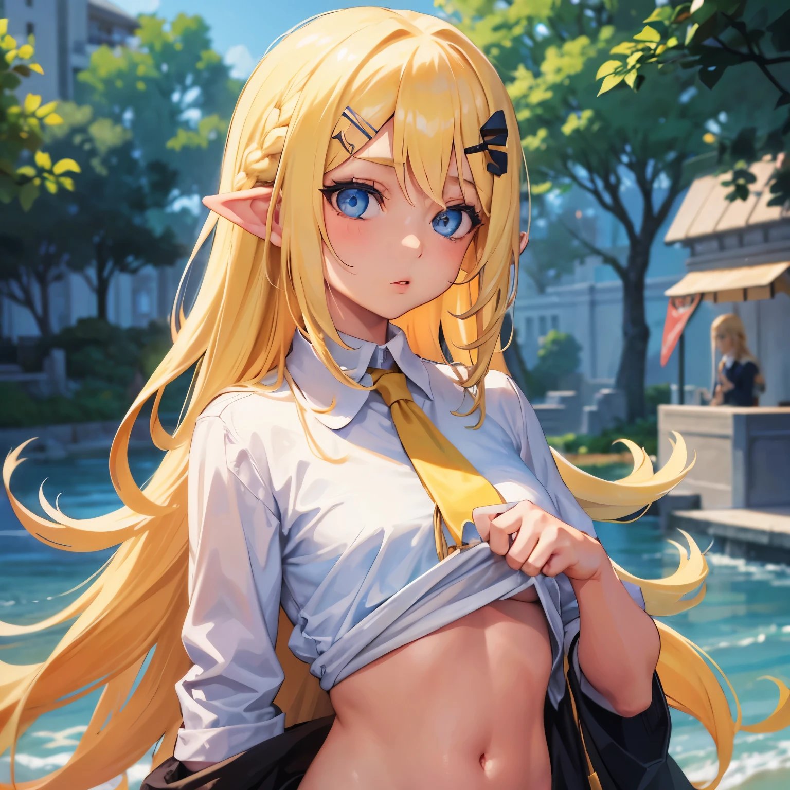 1 girl, blonde hair, pointed ears, blue eyes, clothing lift, alone, hair ornaments, hair clip, long hair, shirt lift, Braid, looking at the viewer, lips, lift it yourself, horse, Upper body, belly button, Day,white shirt,
