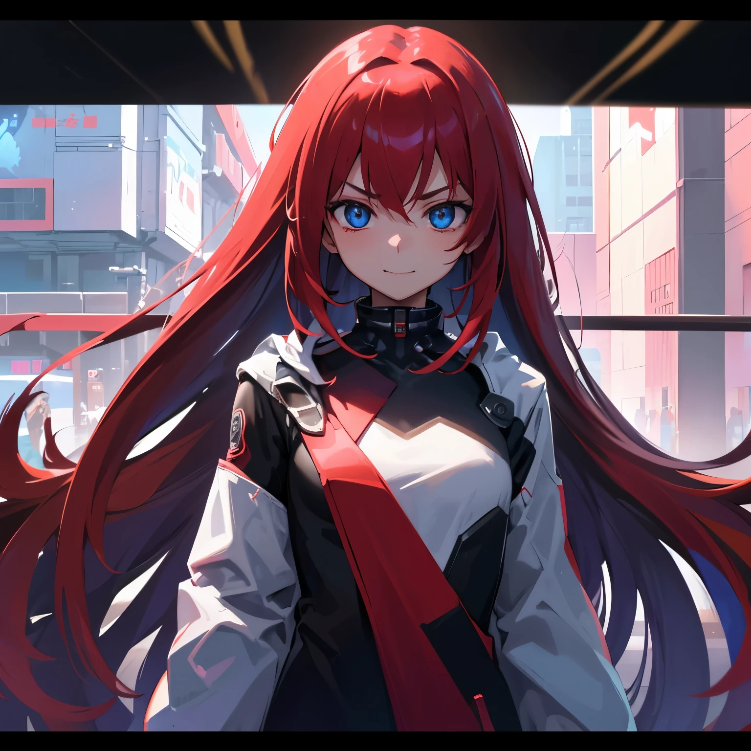 masterpiece , girl , red very long hair , blue eyes , Slope , perfect figure , ( tech wear:1.2) , cyber punk , future , modernity , in cyber punk city, small smile , detailed face ,, , (8K, 最high quality 1.2), super detailed, 8K uhd,, soft lighting, high quality, film grain, beautiful lighting,, (cinematic:1.4) ,perfect body , best illumination, best shadow, sharpness, contrast,