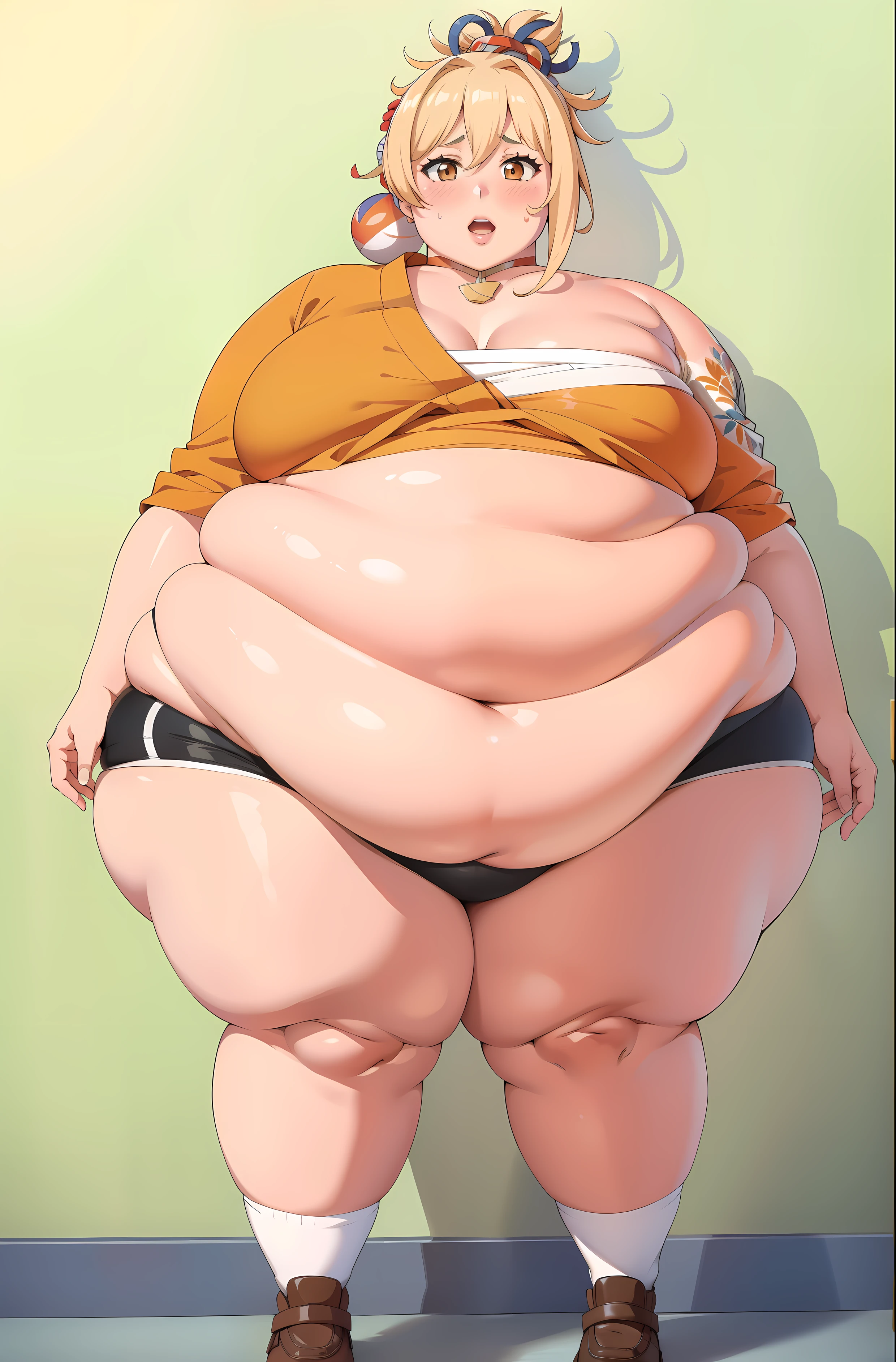horny, blushing, holding belly, looking at viewer, flabby , giant , looking at viewer, large belly, obese, belly bursting through clothing, double chin, obesity, flabby breasts, fat arms and legs, fat everything, fat beIly, fat, ssbbw, obese, large belly, cute, pretty, parted lips, upper teeth, high quality, 1girl, solo, joyful, Yoimiya, japanese orange clothing, zoomed out:1.1, full body:1.1, entire body:1.1, (full body), detailed hands, short, straight hands,