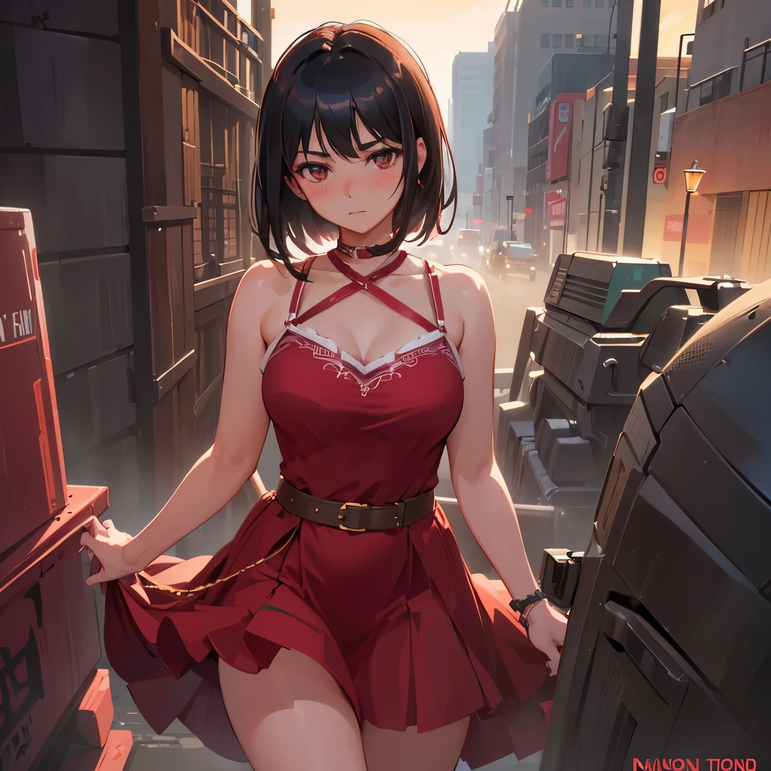 1 girl, cowboy shot of beautiful Ada, looking at the viewer, red dress, black hair, blush, short hair, athletic night, volume lighting, highest quality, masterpiece, intricate details, tone mapping, sharp focus, very detailed, Trending with ArtStation, Ada, realistic 