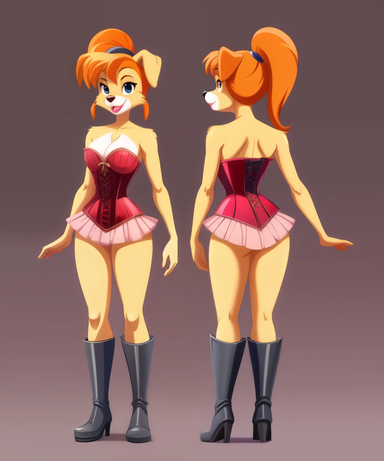 Hazura the female anthro golden retriever, orange ponytail hair, pink lipstick, dark pink corset, grey boots, , Japanese accent, Disney cartoon, full body concept art