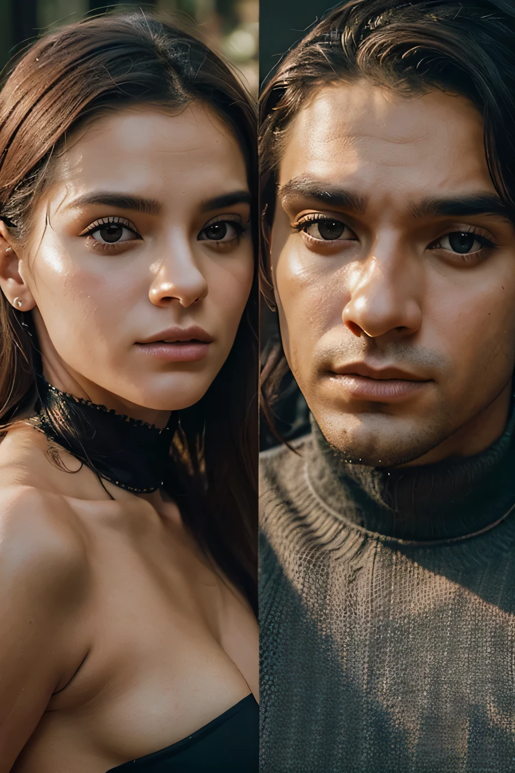 Create an intriguing image for the viral trend on TikTok 'Unraveling Duality: Desejo x Desprezo', representando um rosto masculino e feminino lado a lado, both with serious and obsessive expressions. Utilize elementos visuais como sombras intensas, olhares penetrantes e detalhes que simbolizem a dualidade emocional. Highlight the characteristics that represent desire on one side and contempt on the other, promoting reflection on these opposing emotions.