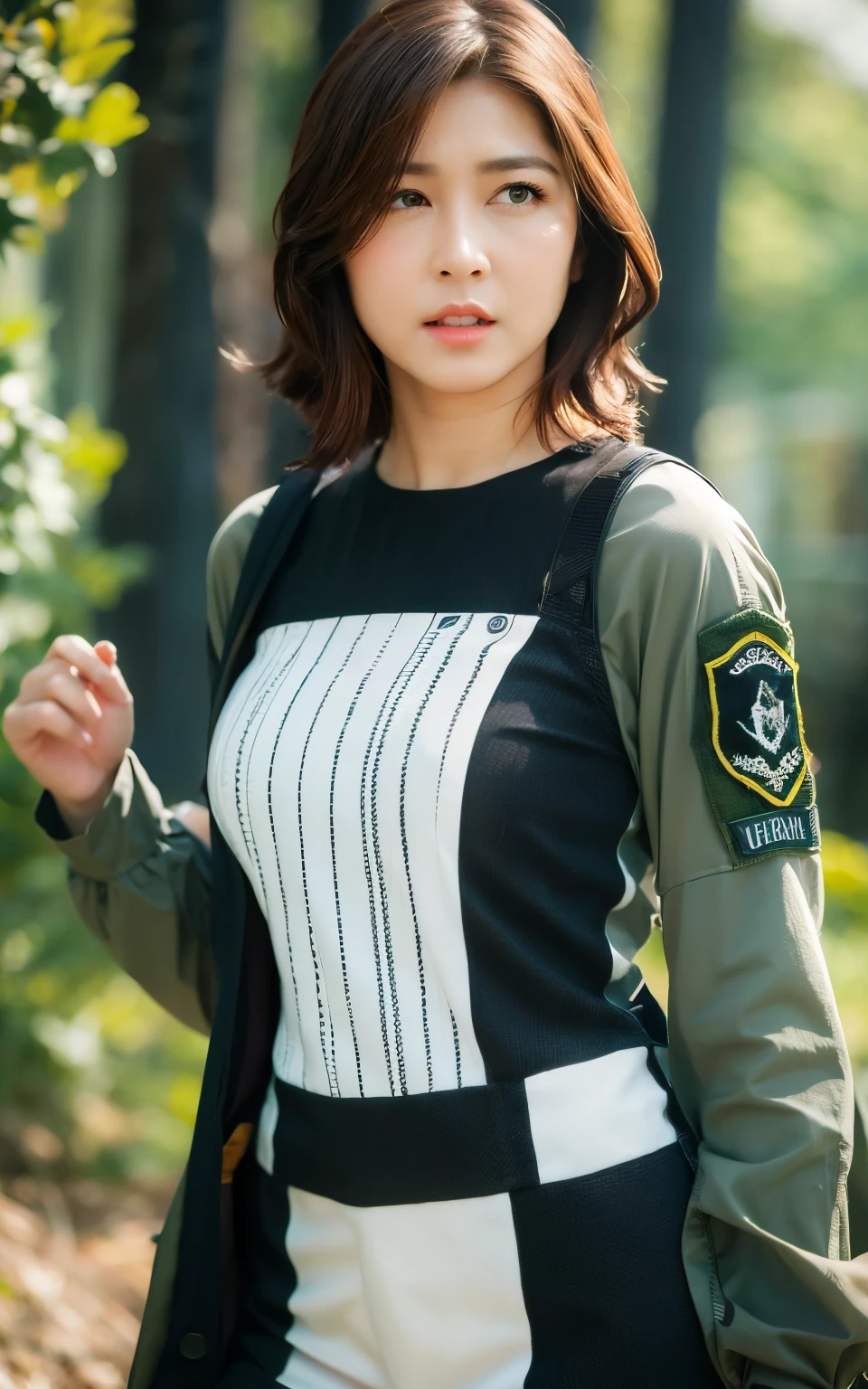 Highly detailed CG Unity 8k wallpaper, of the highest quality, super detailed, master piece, Realistic, Photorealistic, extremely detailed girl, 30 years old,
(Tactical clothing), (military outfits), Forest with a river ,blush, Round eyes, medium breasts,,viewer, Cowboy Shot, bob cuts ,