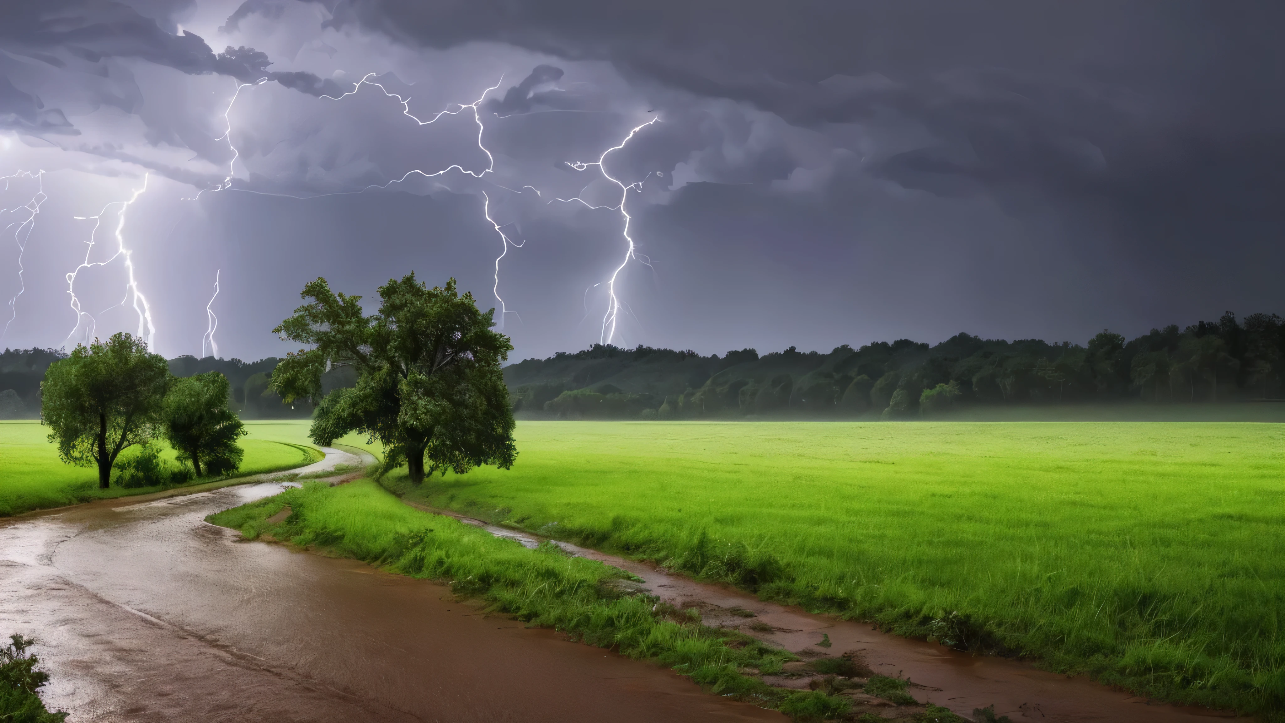 Grande tempestade no campo, lots of rain and lots of lightning, the rain falls to the ground, making puddles of water, (Super HD resolution, melhor qualidade, 4k, 8k, high resolution, arte: 1.2), (qualidade perfeita), (arte : 1.1), ultra-detalhado, (realista, photorealista, photorealista: 1.37), (cores vivas).